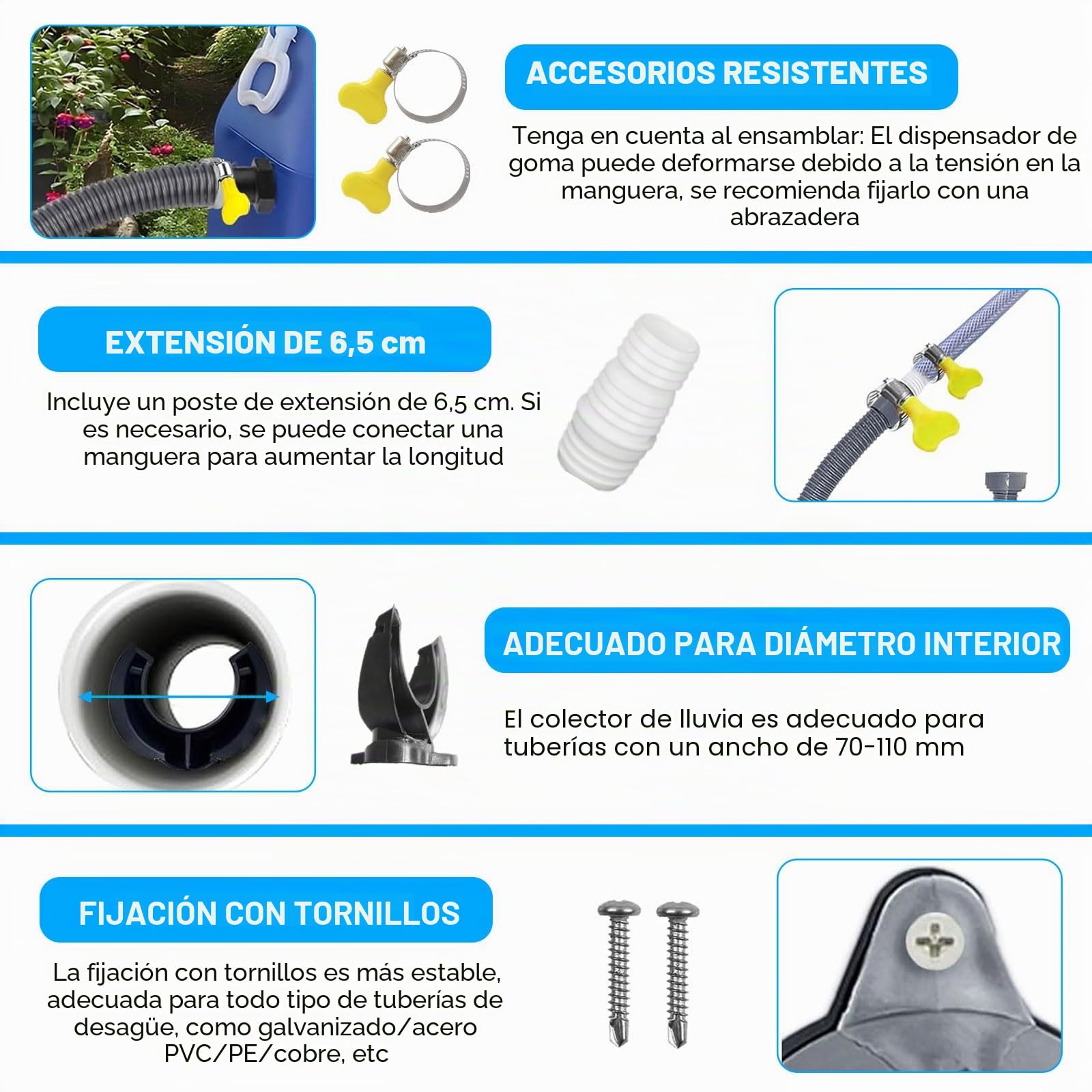 Juego de colector de lluvia, para bajante de 70 – 110 mm, colector de agua de lluvia con accesorios de montaje, incluye manguera de 1 m, filtro de bajada, conector de barril de lluvia,