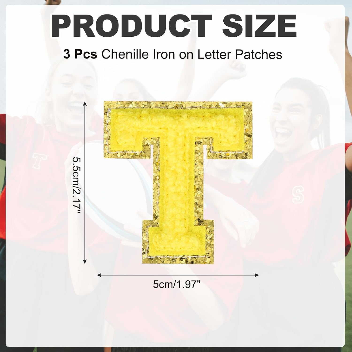 MECCANIXITY 3pcs Chenille Iron on Letter Patches, 2" Glitter Alphabet Patches Self Adhesive Preppy Fuzzy Chenille Appliques Patch with Gold Trim for Clothing Backpacks Hats(Yellow, Letter T) image 2