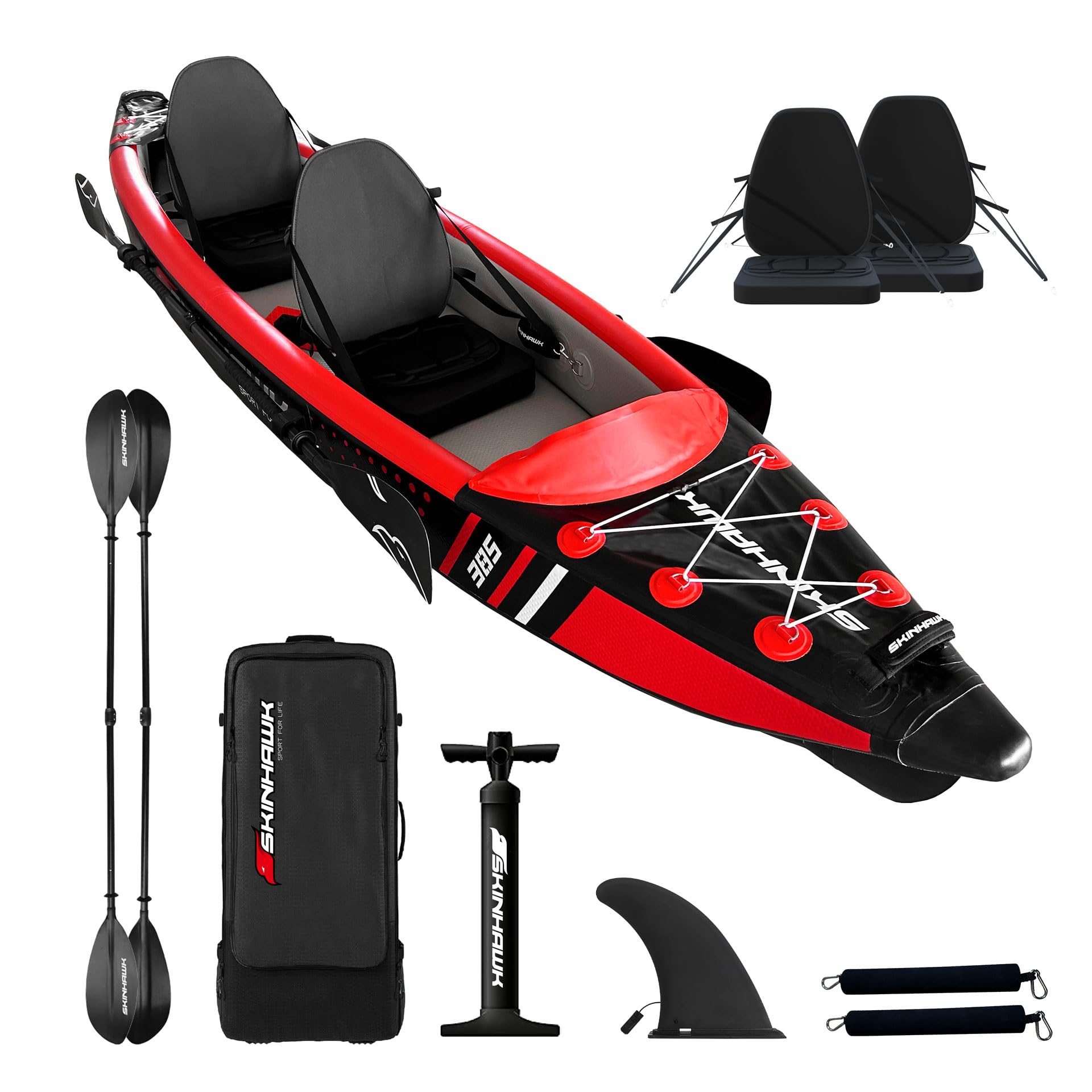 SKINHAWK Premium Full Drop Stitch Kayak 385 Rojo Inflable Canoa para Inflable, Kayak de Aventura, 385 x 85 cm