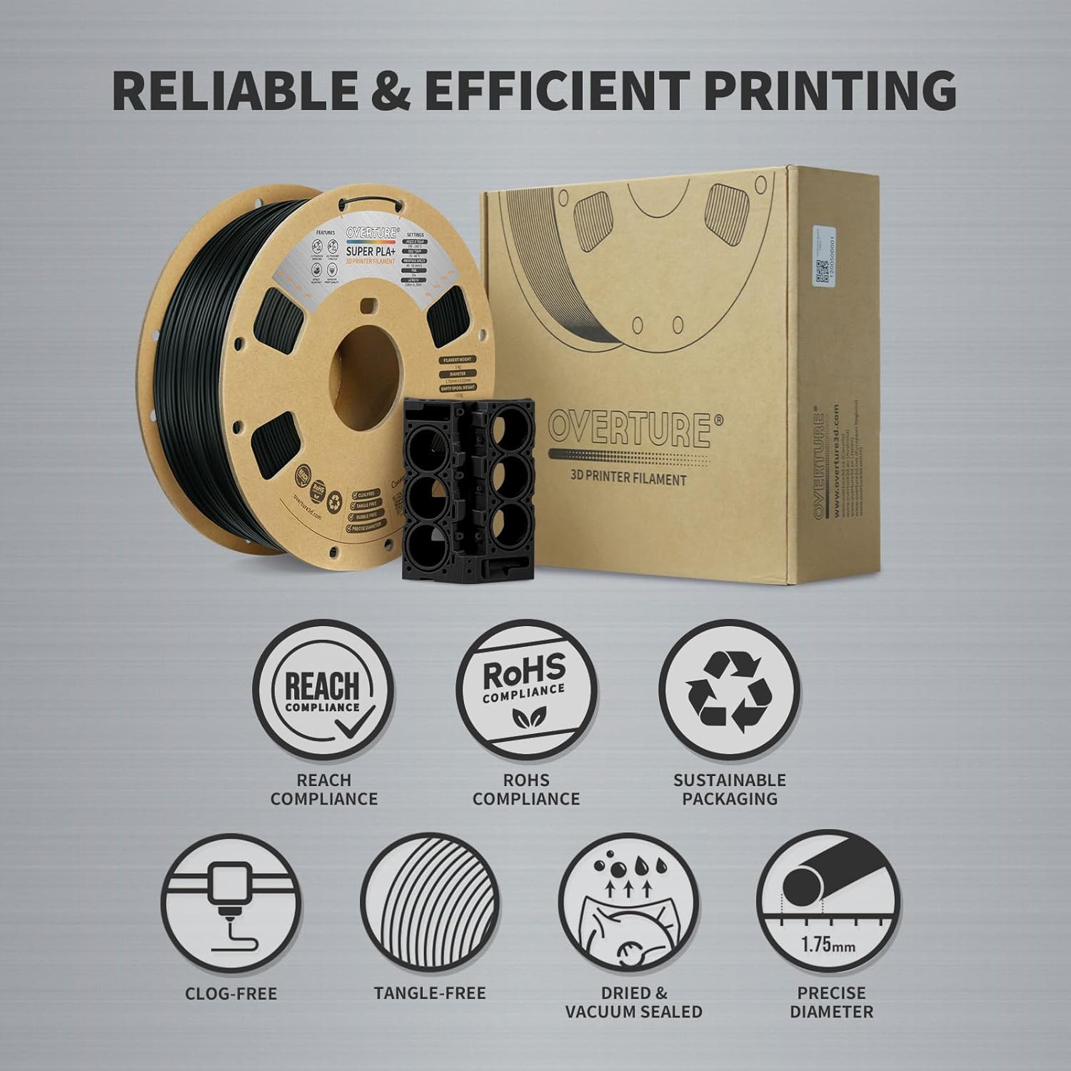 OVERTURE Super PLA+ Filament 1.75mm, Toughness Enhanced PLA Plus, Professional Toughness 3D Printer Filament 1kg (2.2lbs), High Precision +/- 0.02mm (Black) - Image 7