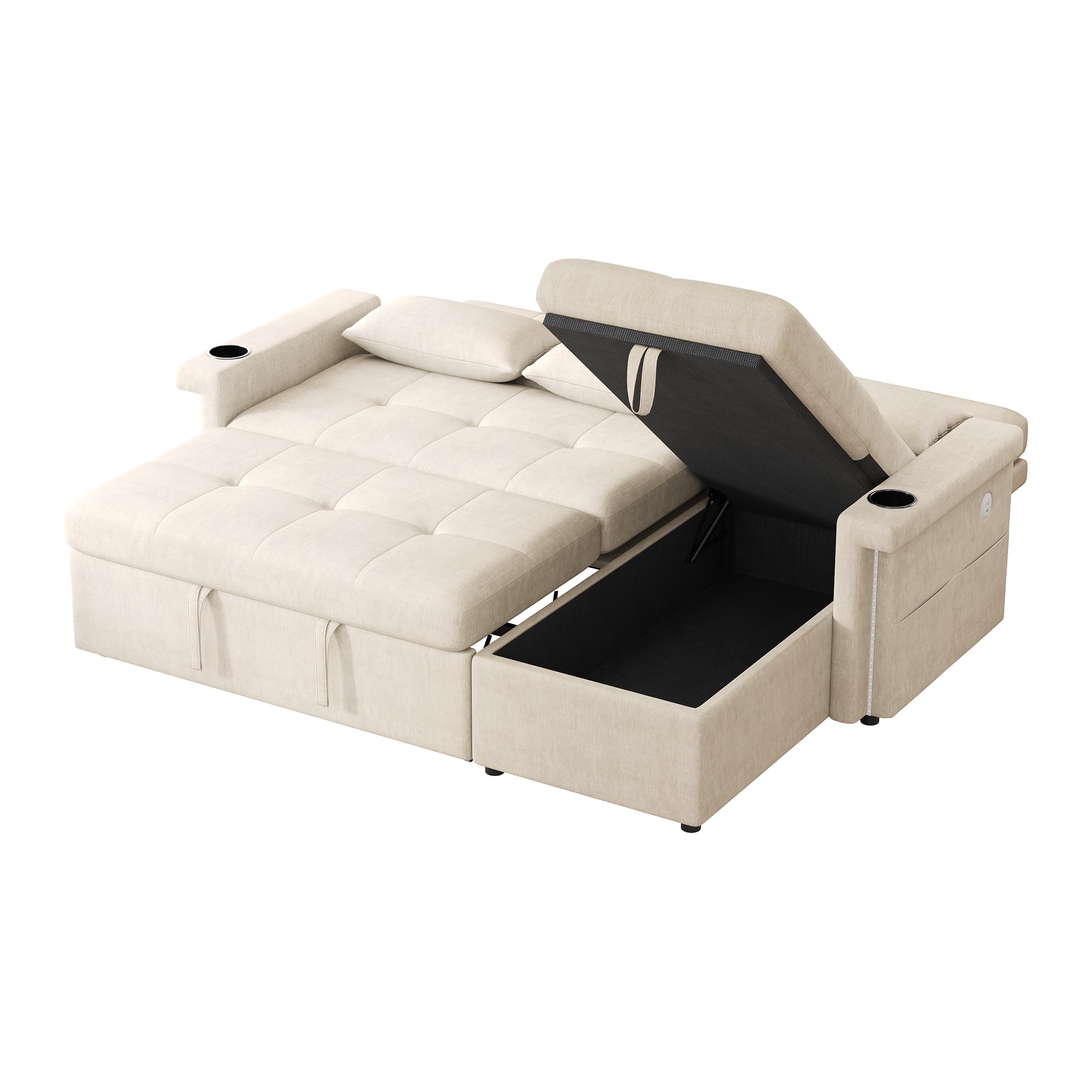 Divano Pieghevole con Funzione Letto, Divano Angolare a L con illuminazione a LED e Porte USB, Schienale Regolabile con Cuscini e Vassoio Portabicchieri, divani a 3 Posti con Contenitore per soggiorno