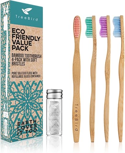 Paquete de 4 cepillos de dientes de bambú y hilo dental de seda compostable con soporte de vidrio recargable, juego de cuidado bucal biodegradable,