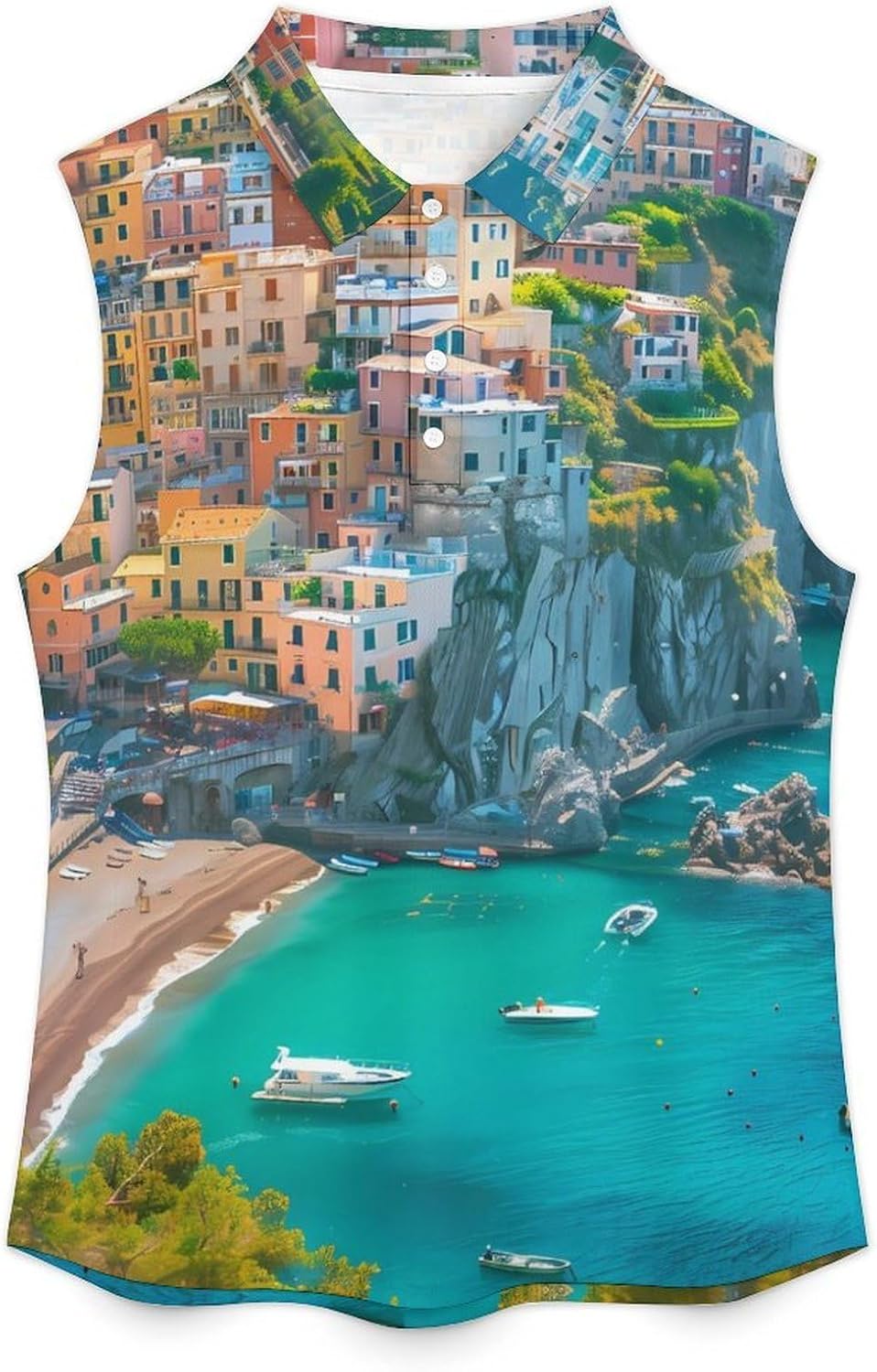 Mediterranean Cliff Village Women Sleeveless Collared Golf Polo Shirt | V Neck Tank Top,Breathable Tennis Shirts