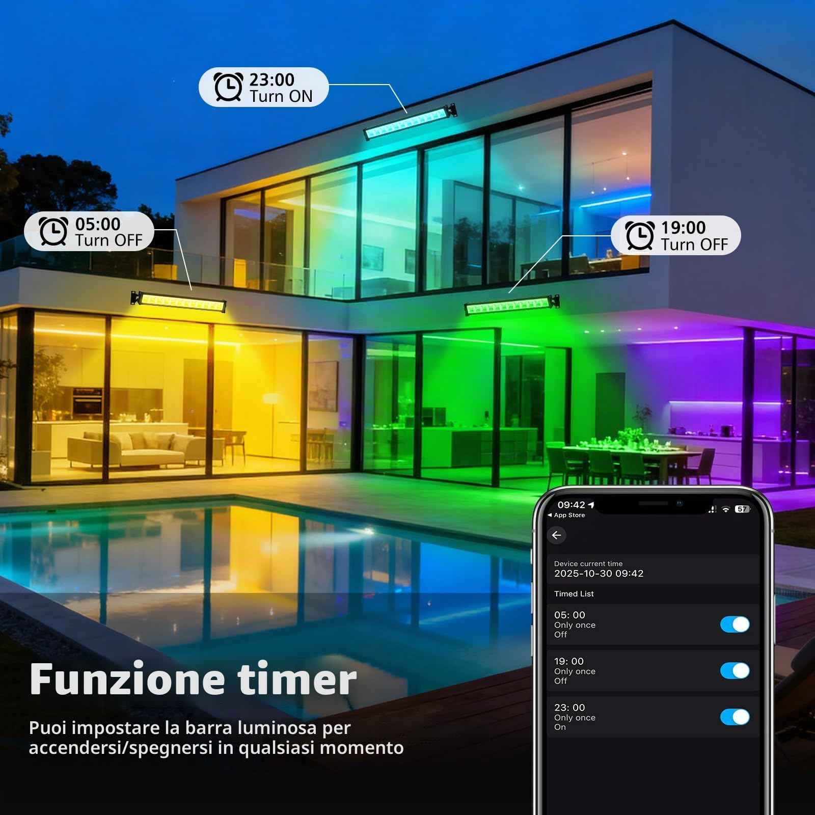 T-SUN 50W Barra LED RGB, 4 Pezzi RGB Faretto LED Esterno, Faretti Colorati Intelligente con Telecomando/APP/Memoria/Timer/Impermeabile IP66 per Scenari Bar Festa Giardino