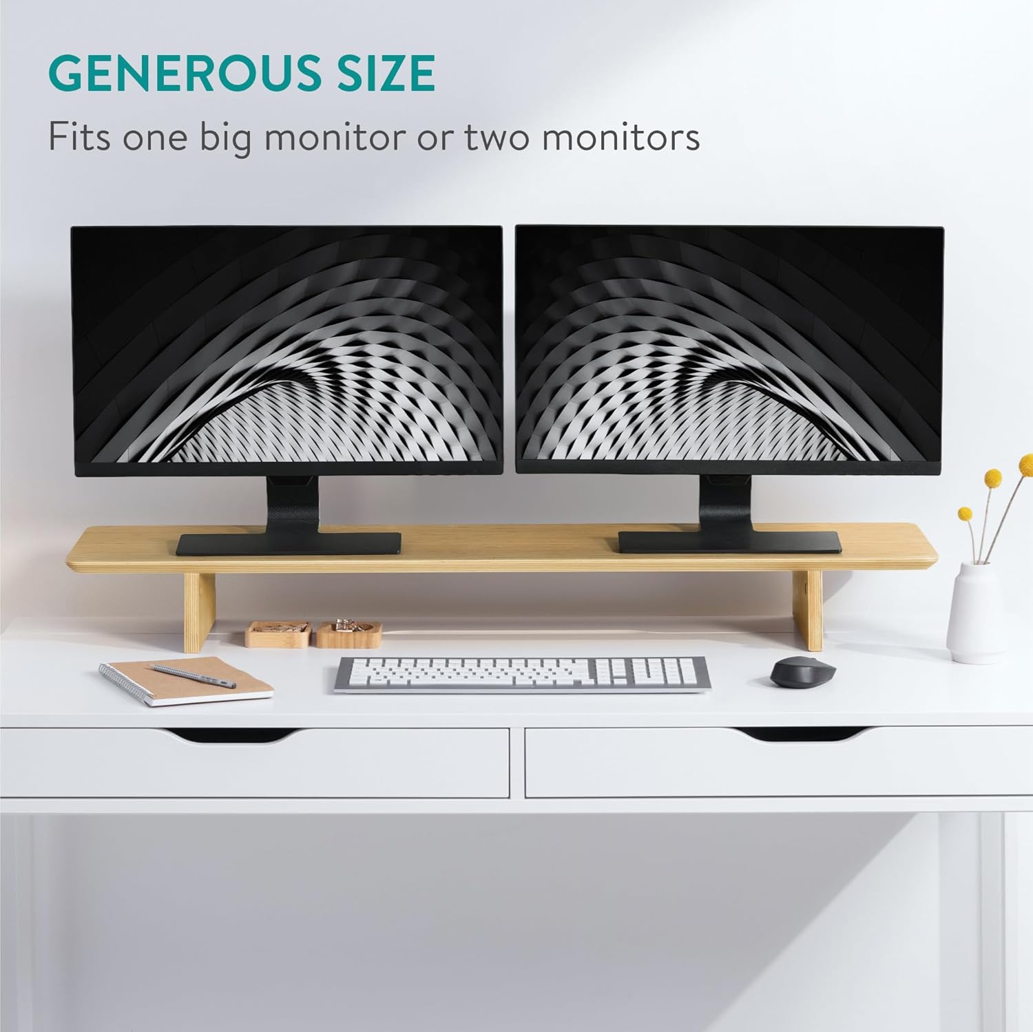 Navaris Dual Monitor Stand Riser - Real Wood Double Width Desk Shelf for Holding 2 Computer Screens - 42.9" x 9.1" x 4.7" (109cm x 23cm x 12cm) - Bamboo
