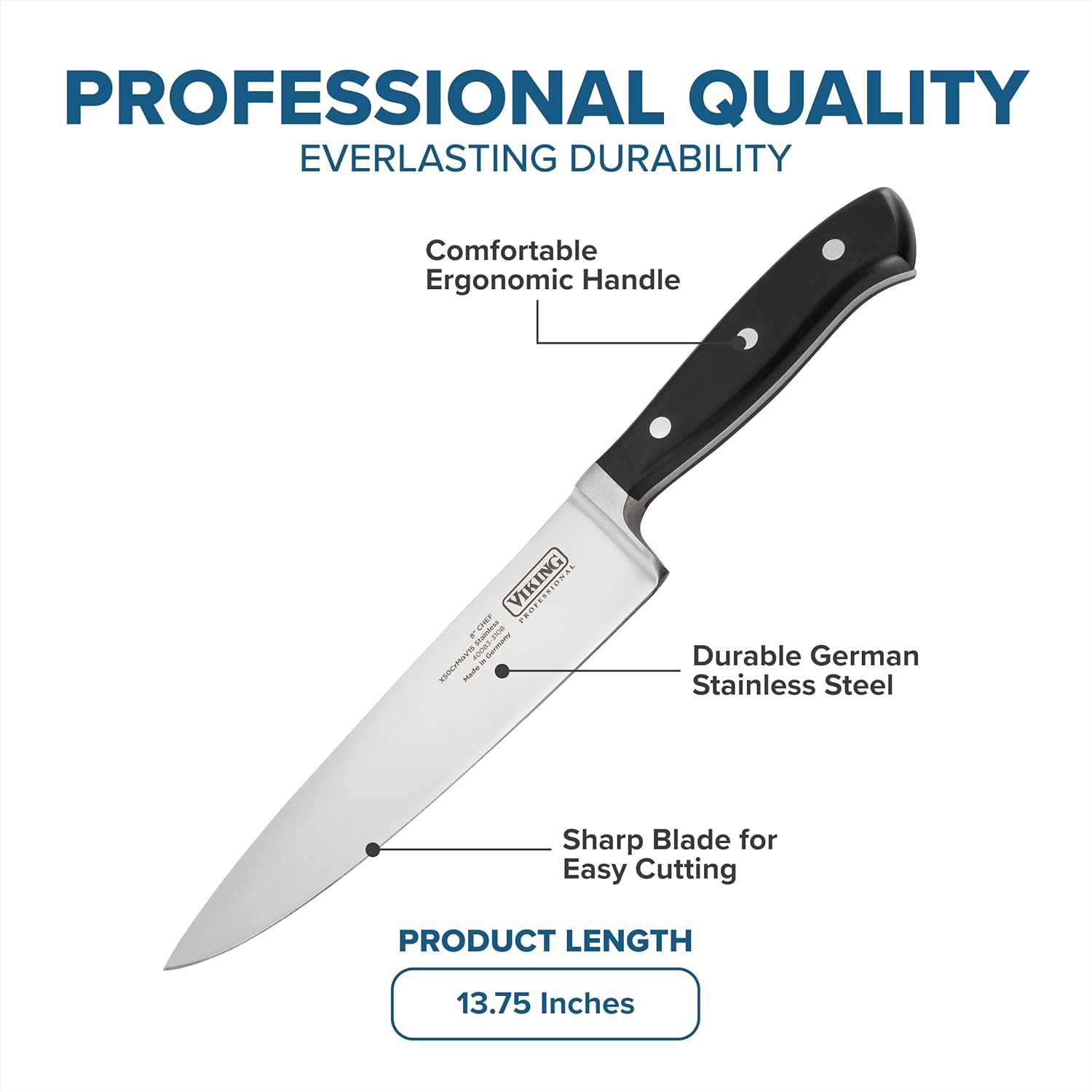 Viking 8 Inch Chef Knife, German Stainless Steel Kitchen Knife with Ergonomic Handle, Black