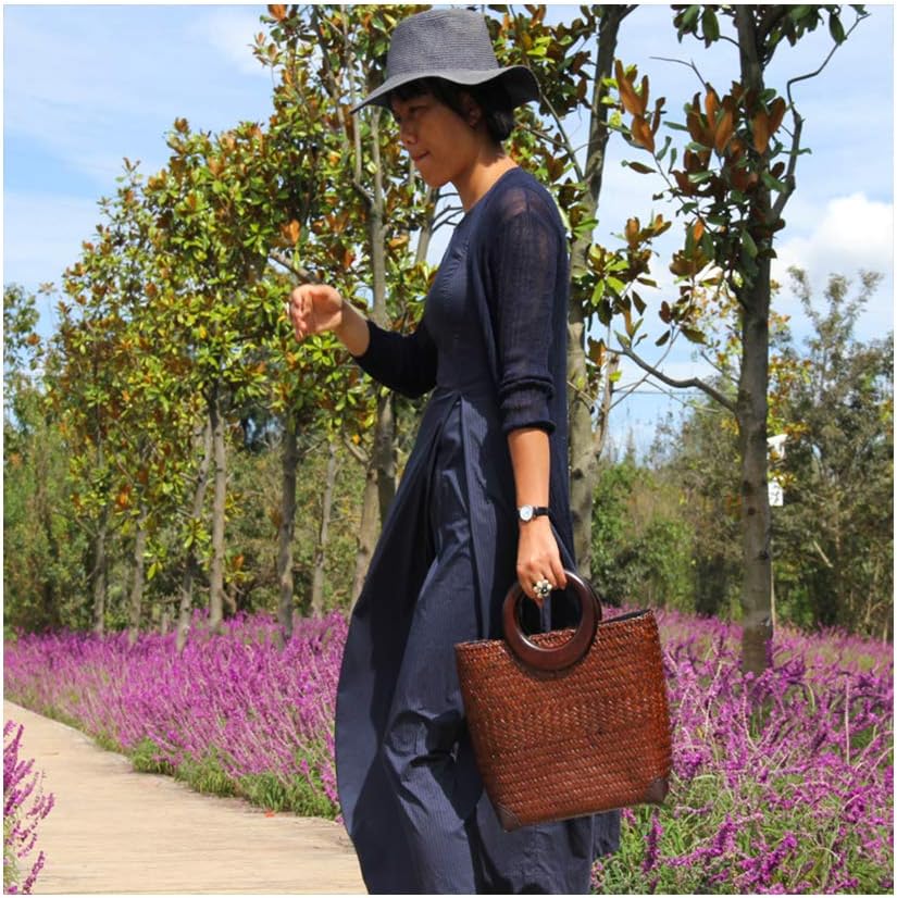 Hand-woven Womens Straw Large Boho Handbag Bag for Women, Summer Beach Rattan Tote Travel Bag with Wood Round Top Handle (Brown) - Image 2