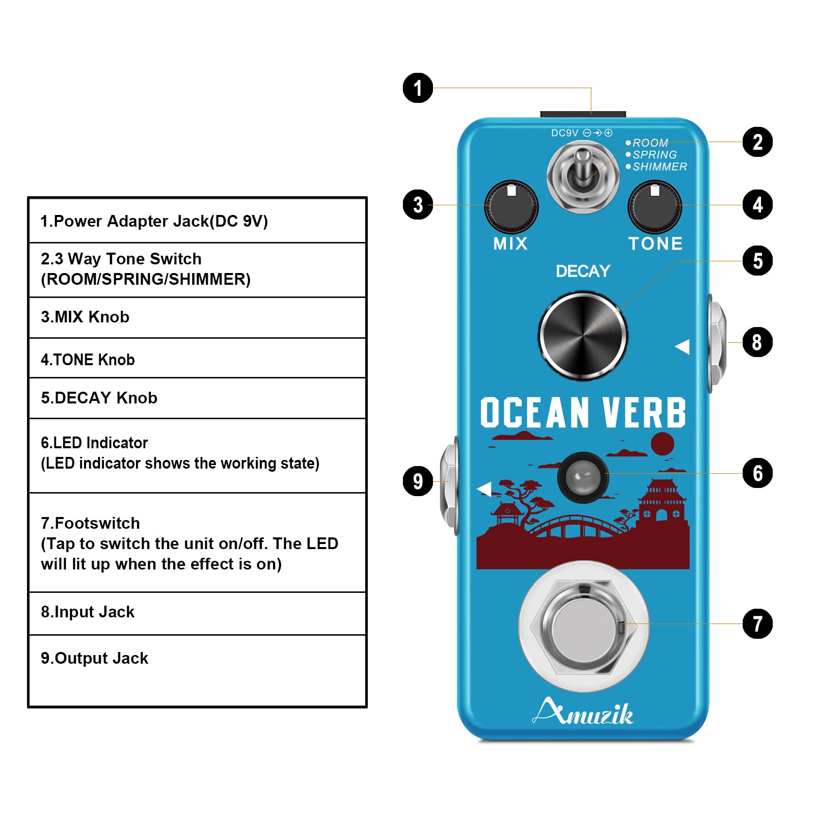 Amuzik, Pedale per riverbero per chitarra elettrica, con riverbero digitale oceano, 3 modalità di riverbero, True bypass