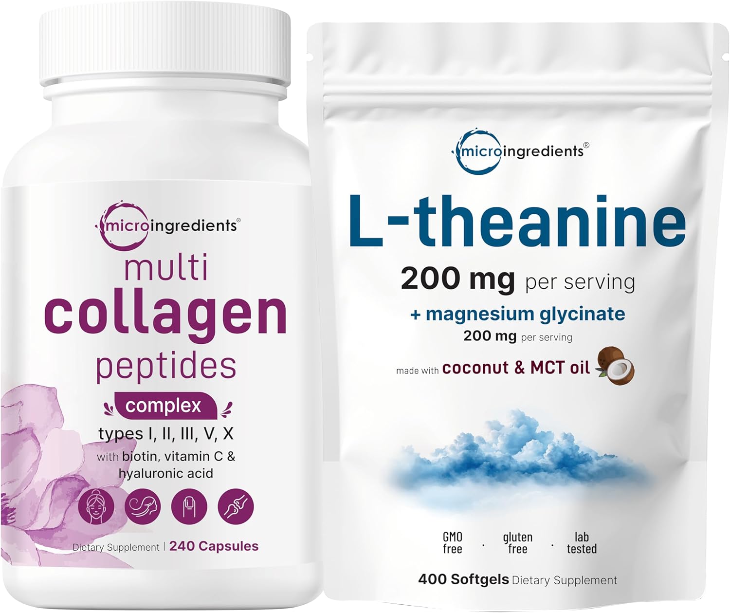 Micro Ingredients 8-in-1 Multi Collagen Capsules & L-Theanine 200mg with Magnesium Glycinate Softgels | Grass-Fed Collagen Peptides | Amino Acid & Mineral Complex Bundle 2 Pack