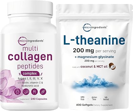 Micro Ingredients 8-in-1 Multi Collagen Capsules & L-Theanine 200mg with Magnesium Glycinate Softgels | Grass-Fed Collagen Peptides | Amino Acid & Mineral Complex Bundle 2 Pack