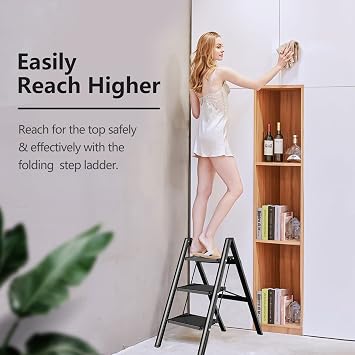 SOLADDER Step Ladder 3 Step Folding, Small Step Stool for Adults, Portable Anti-Slip Iron Stepladder with Wide Pedals for Home and Kitchen Use, Space Saving - Black (300 lbs)