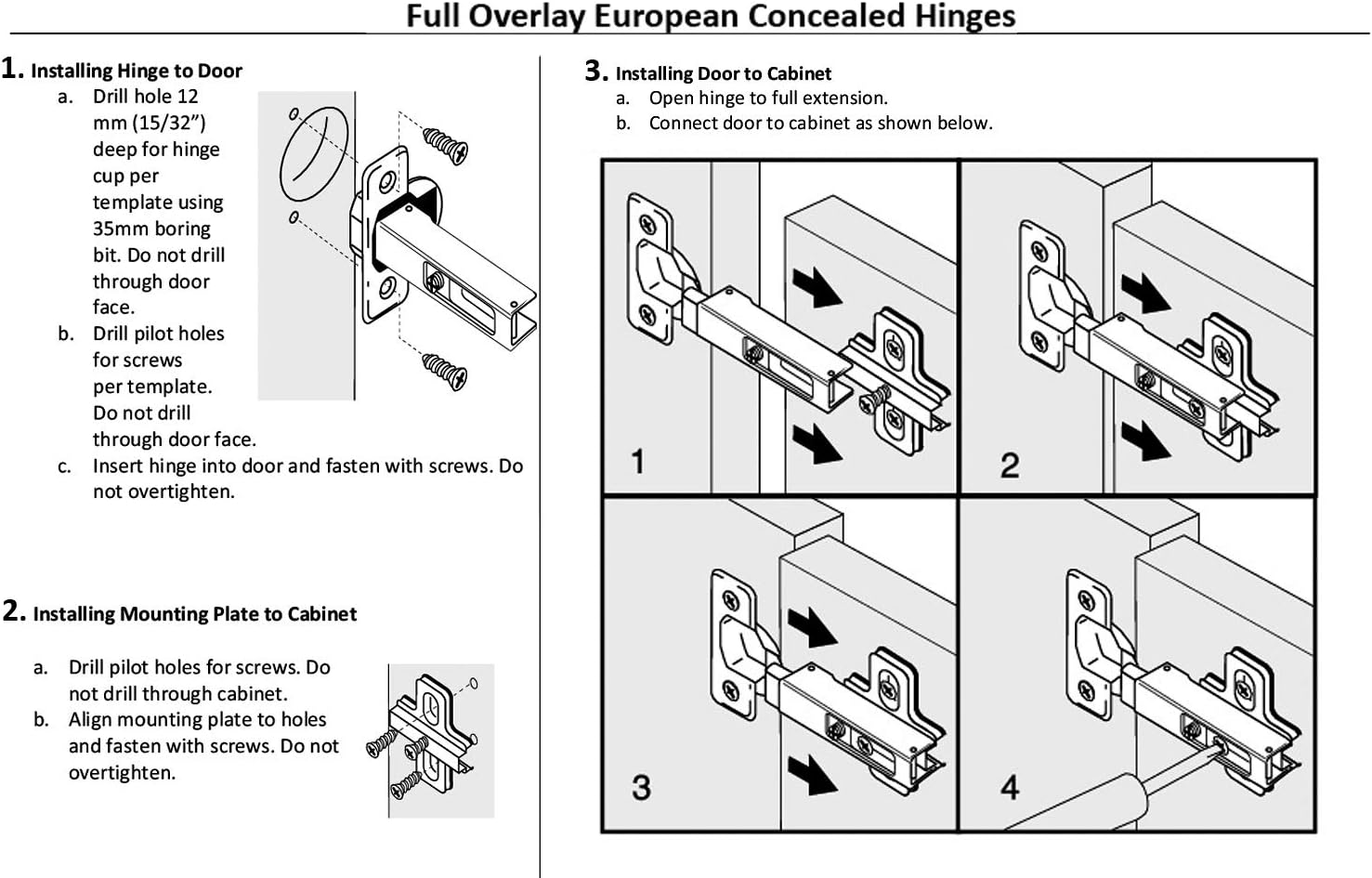 Berta (100) Full Overlay Frameless European Hinges, 105 Degree 2-Cam 4-Way Adjustable Concealed Kitchen Cabinet Door Hinges with Screws (100)