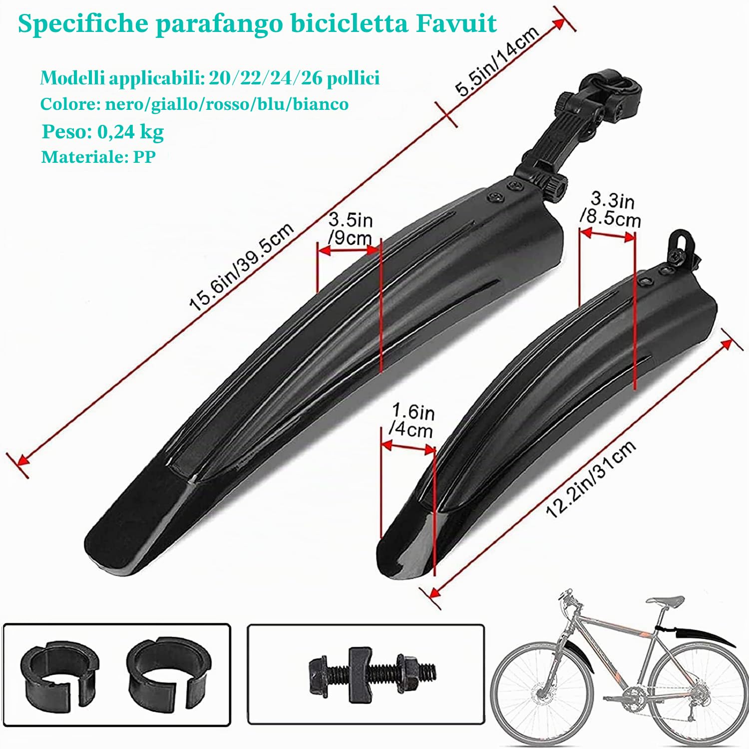 Favuit Parafango Bici, Universale Regolabile Parafanghi Bici Set 20-26 Pollici Anteriore Posteriore Parafango Bicicletta per Mountain Bike Bici da Corsa MTB