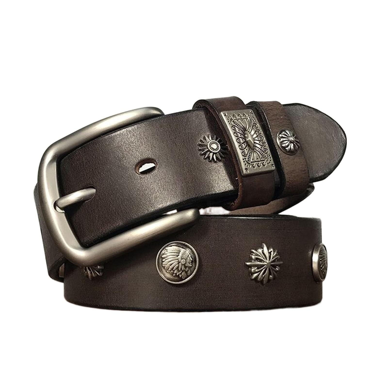 JIARY Brown,125CM/49.2'',Men's belt Hand rivet belt with pin buckle genuine leather top layer cowhide soft men's and women's denim retro