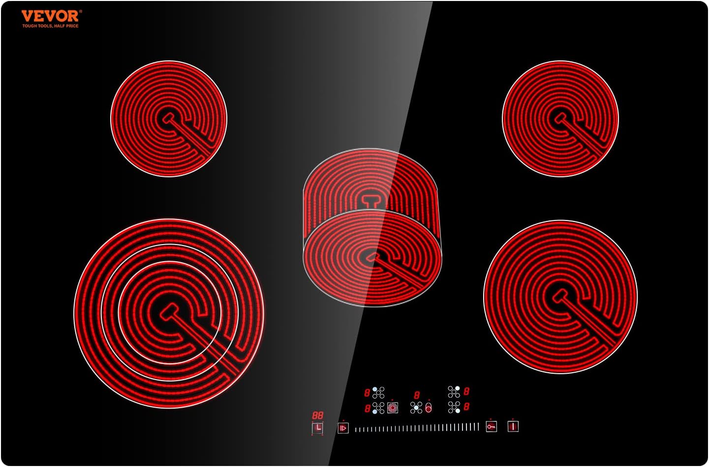 VEVOR Built in Electric Stove Top, 30 inch 5 Burners, 240V Glass Radiant Cooktop with Sensor Touch Control, Timer & Child Lock Included, 9 Power Levels for Simmer Steam Slow Cook Fry