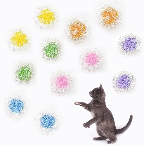Miniatura 7 de Andiker Bolas brillantes para gatos, 6 bolas de pompón de gato de 2.36 pulgadas, bolas de oropel con purpurina para gatito, bola mullida para