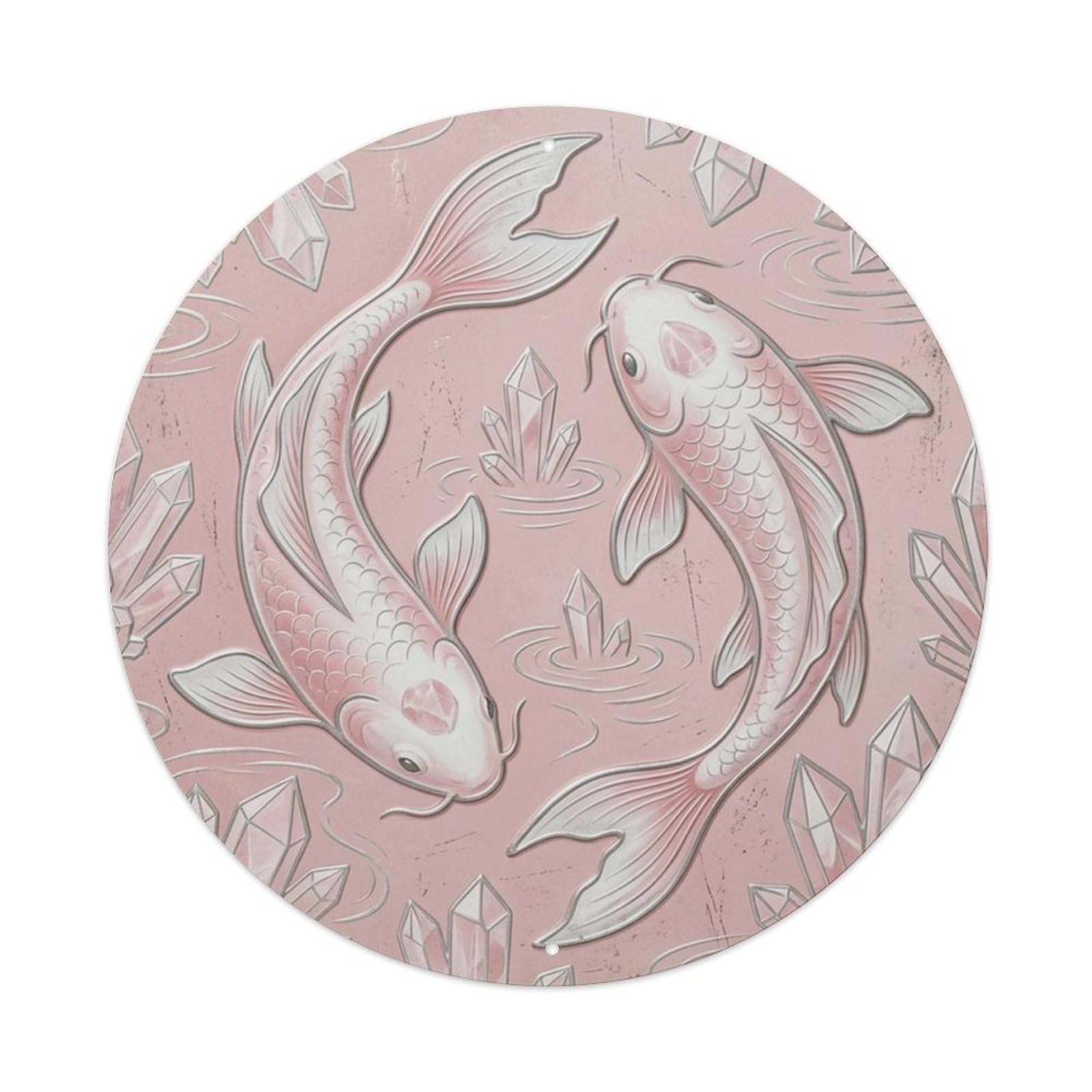Fqcyn Style Koi Fish Rose Quartz Harmony Livingroom Metal Tin Sign Plaque Wall Decor For Cafe, Club Bar, Office, Home Garden Round Metal Poster 8X8inch
