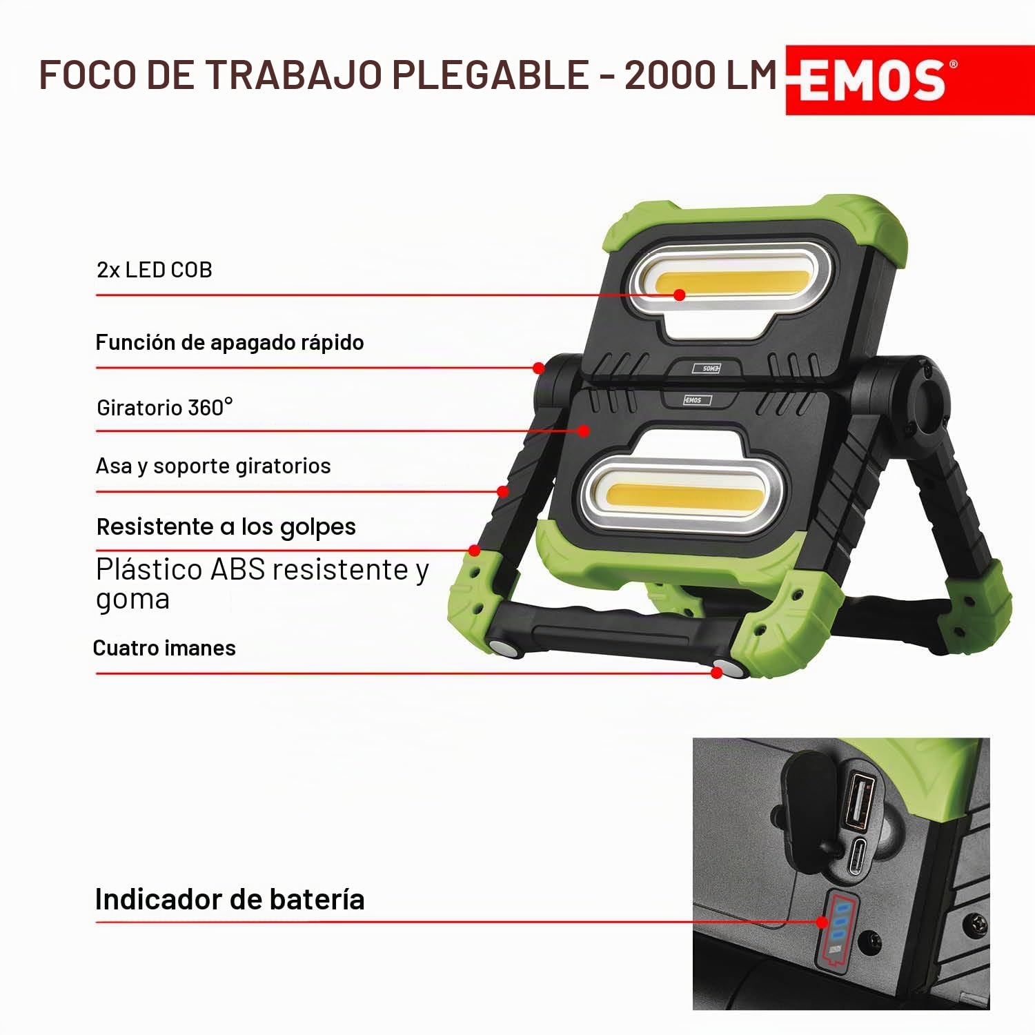 EMOS Faro LED Plegable, luz de Trabajo giratoria 360° con Mango, portátil con batería y Intensidad lumínica 2000 LM, para construcción, Recargable a través del USB 8000 mAh, Alcance 70 m, Verde/Negro