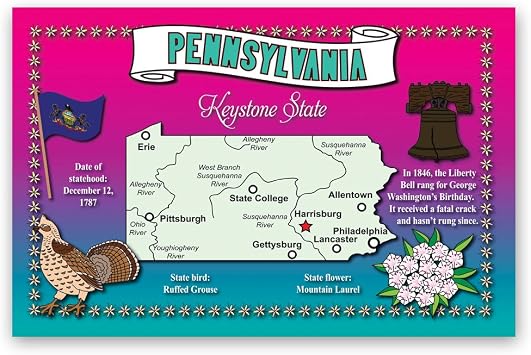 PENNSYLVANIA STATE MAP postcard set of 20 identical postcards. Post cards with PA map and state symbols. Made in USA.