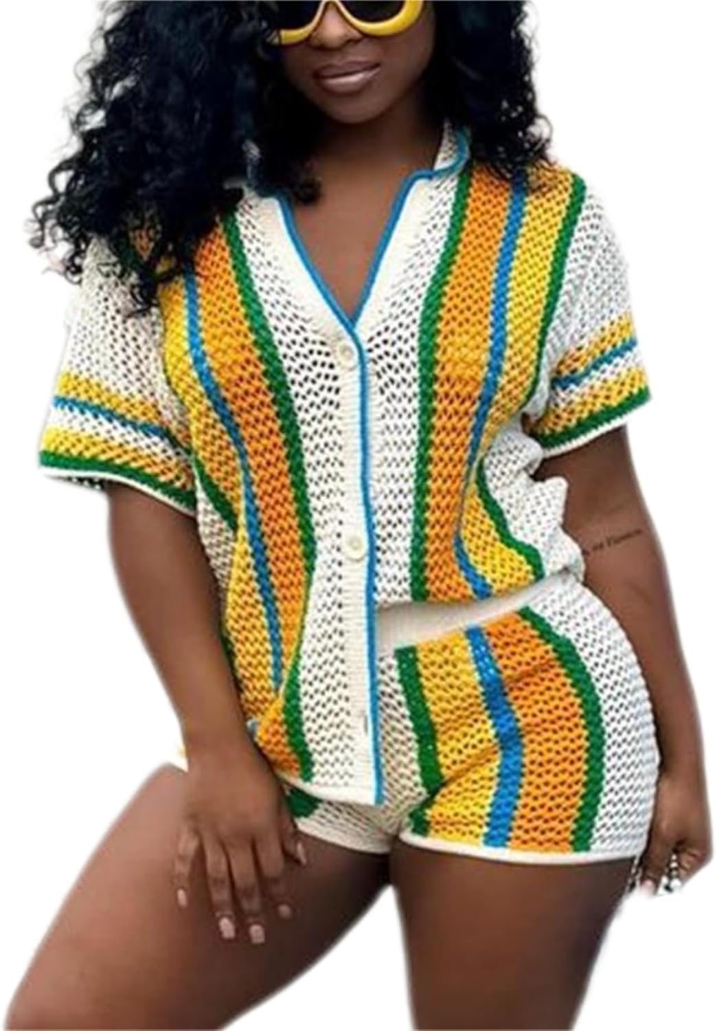 ksotutm 2 Piece Outfits for Women Knitted Shorts Set Crochet Sets Two Piece Women Short Sleeve Shirt and Shorts Summer Sets