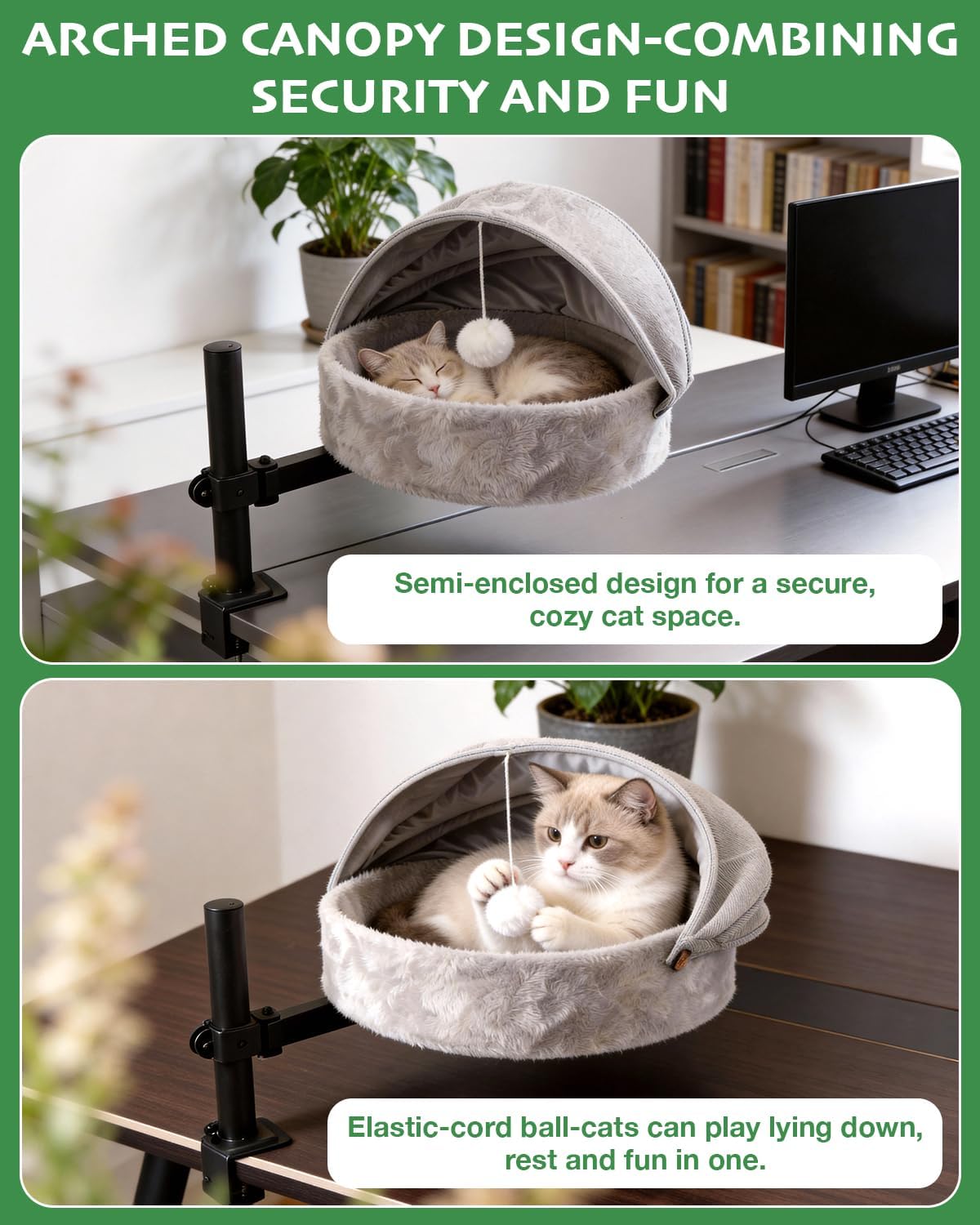 Cat Desk Bed for Large Cats Up to 44lbs, Heavy Duty 360° Rotating Cat Hammock for Desk with Foldable Canopy & Toy Ball, Adjustable Raised Desktop Cat Nest for Office, Reversible Summer & Winter Mat