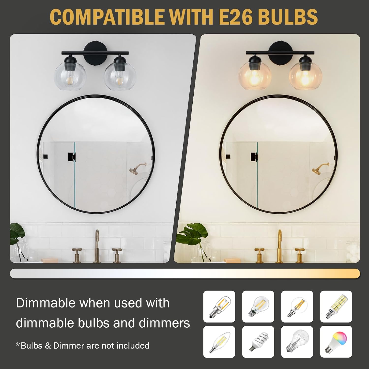 Black Bathroom Light Fixtures, 2 Light Bathroom Vanity Light with Globe Glass Shades, Modern Farmhouse Vanity Lights Over Mirror, Matte Black Wall Lights for Bedroom Restroom, E26 Socket