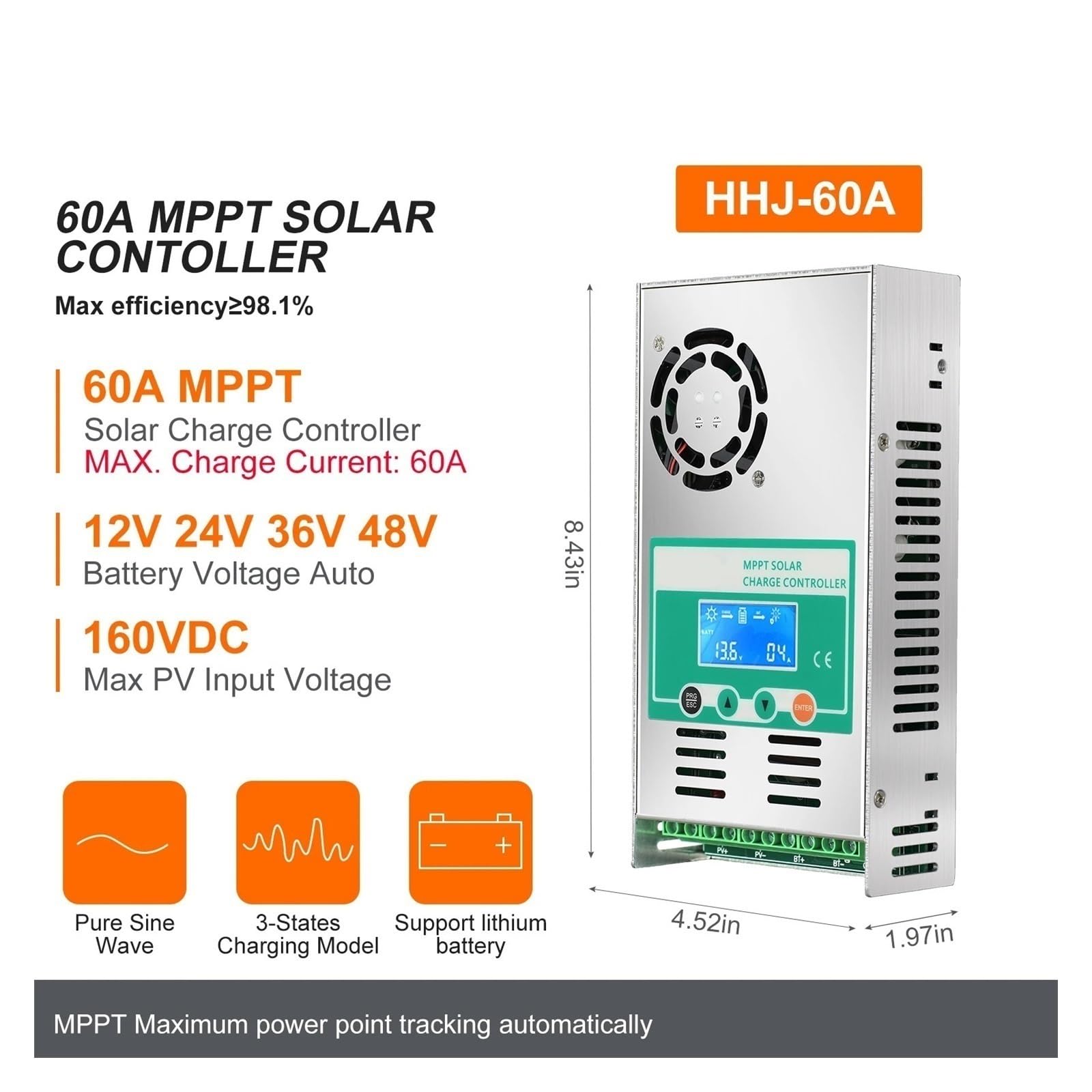 Kontroler ładowania słonecznego, 60A Regulator Ładowania Słonecznego MPPT Może Być Równoległy 12PC Ładowanie 12V 24V 36V 48V Bateria LifePo4 Maks. 160VDC Panel Słoneczny(MPPT 60A-Hot)