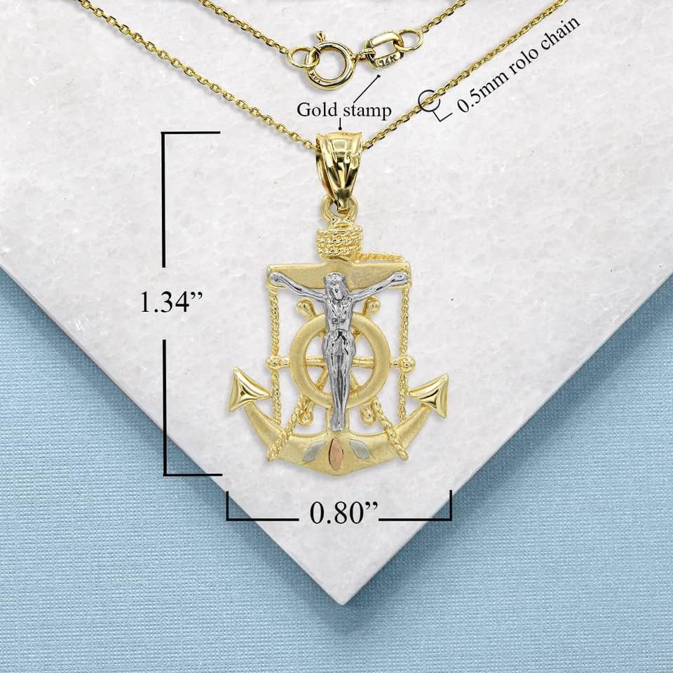 10K Tri-Color, White, or Two-Tone Rose Gold Mariner Crucifix Jesus Christ Anchor Cross Nautical Pendant Necklace, Your Choice of Metal & Length