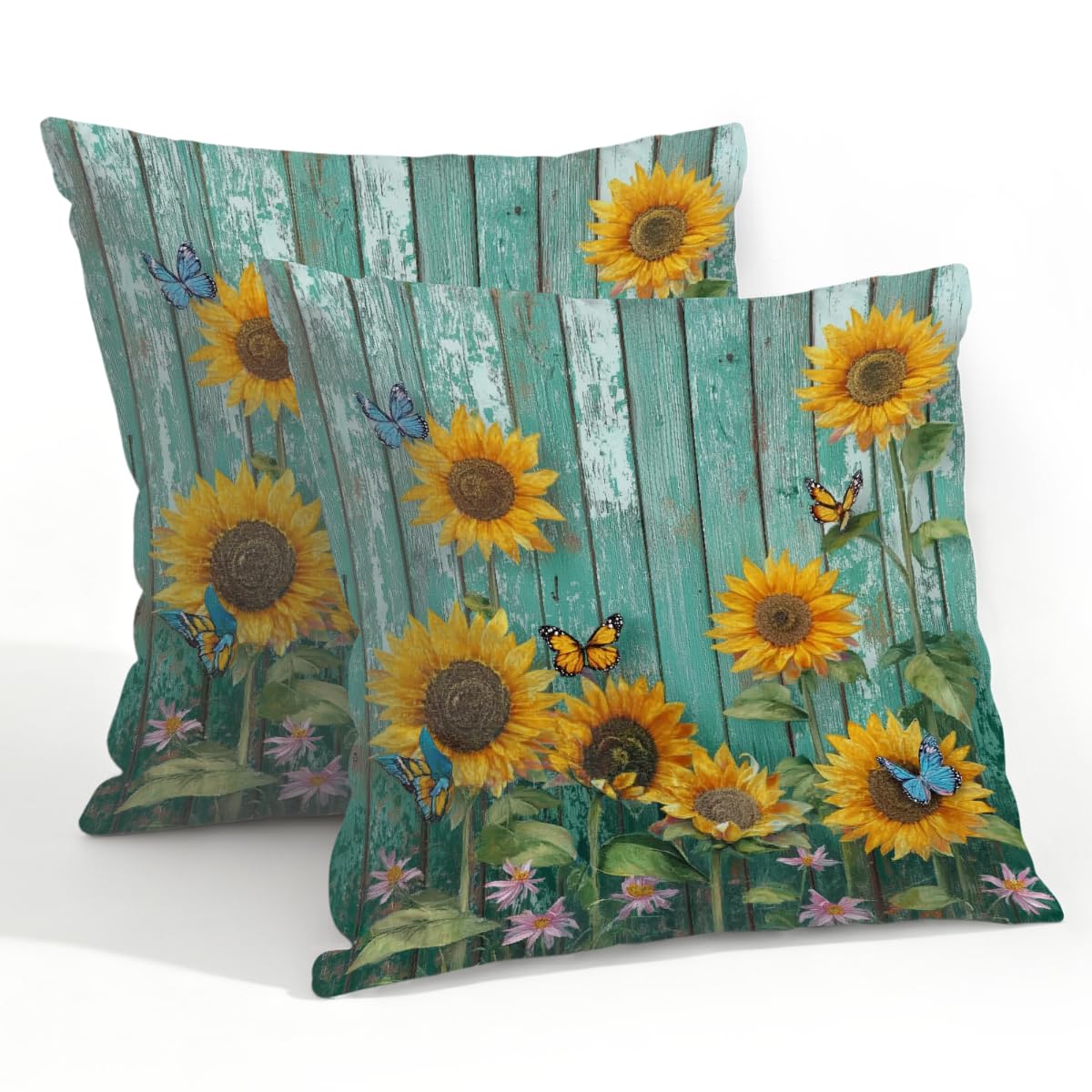 Outdoor Pillow Covers Waterproof Pillowcases 22x22in Set of 2 Sunflowers Butterfly On Old Teal Wooden Decorative Throw Cushion Case for Couch Sofa Garden Patio Furniture