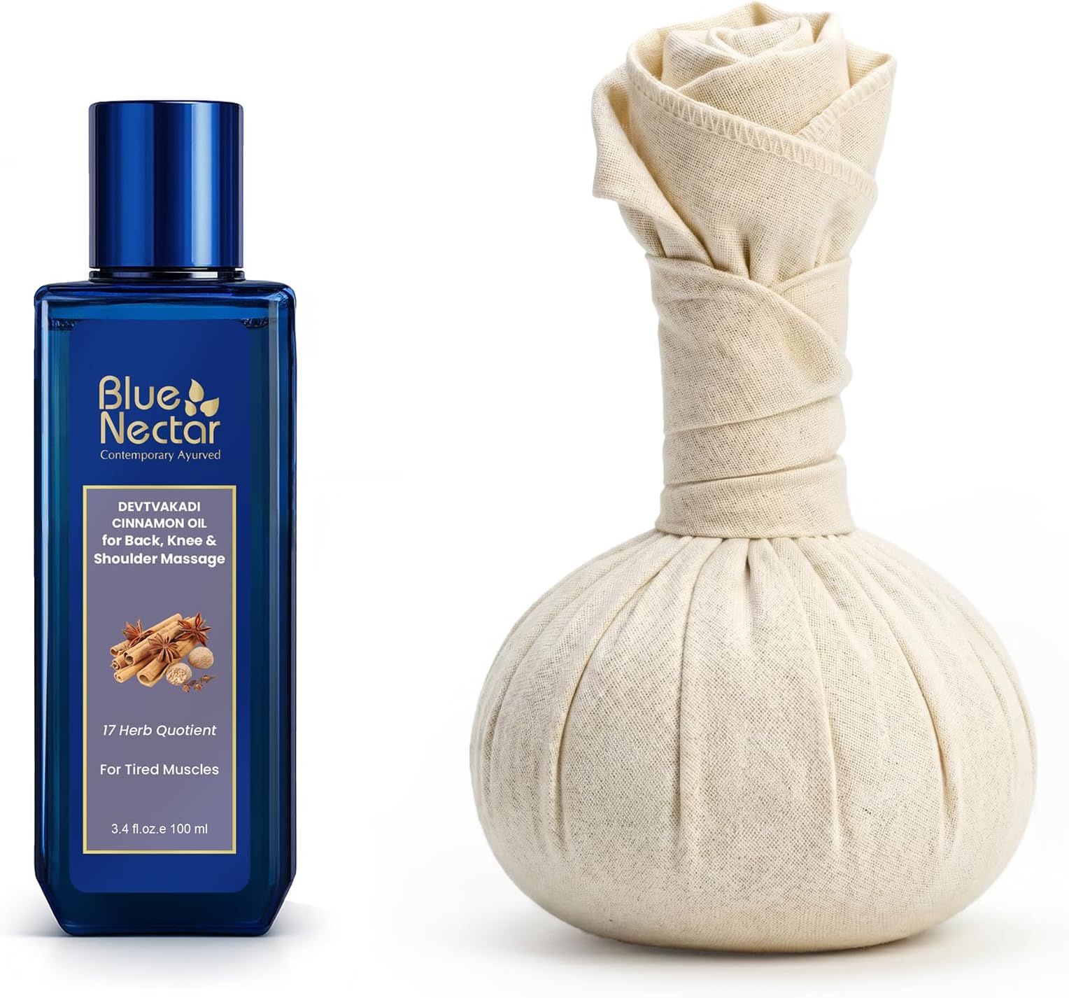 Blue Nectar Ayurvedic Pain Relief Combo: Pain Relief Oil - 100ml & Compress Potli - 175g | for Body, Back, Knee, Joint and Legs Massage