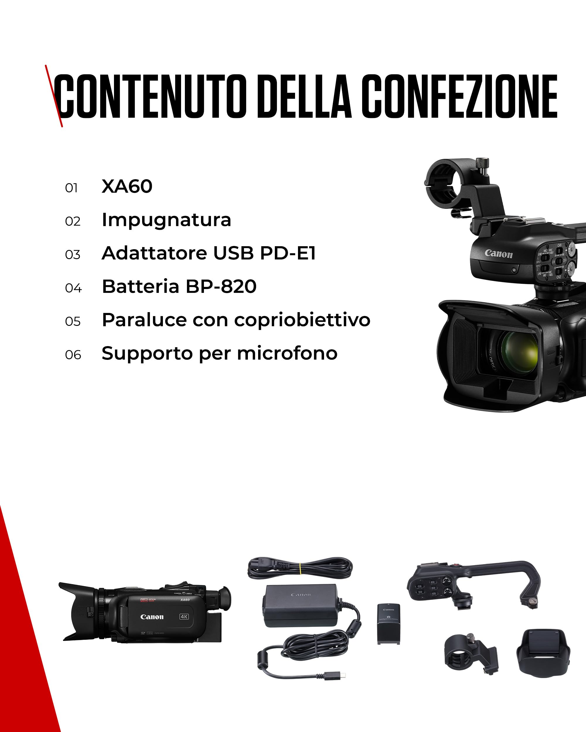 Canon XA60 - Videocamera 4K Professionale con Messa a Fuoco Automatica, Zoom Ottico 20x, Stabilizzazione a 5 Assi, Uscita HDMI e Streaming Live HD via USB-C