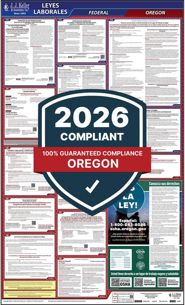 2026 Oregon and Federal Labor Law Poster (Spanish, OR State) - OSHA Compliant All-in-One Laminated Poster, J. J. Keller & Associates, Inc.