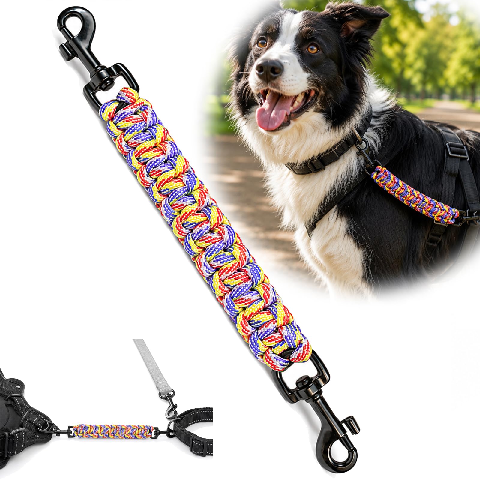 Double Connection Dog Lead Clip with 360-Degree Rotating Safety Buckle for Enhanced Security - Durable High-Strength Polyester Fibre with Reinforced Stitching, Versatile Compatibility for Collars