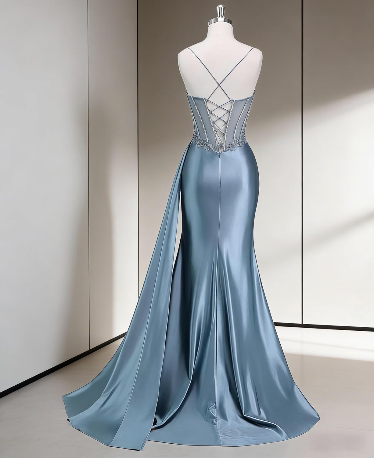 Beaded Prom Dress for Women 2026 Long Satin Mermaid Evening Dress Lace Appliques Corset Formal Party Gown with Slit