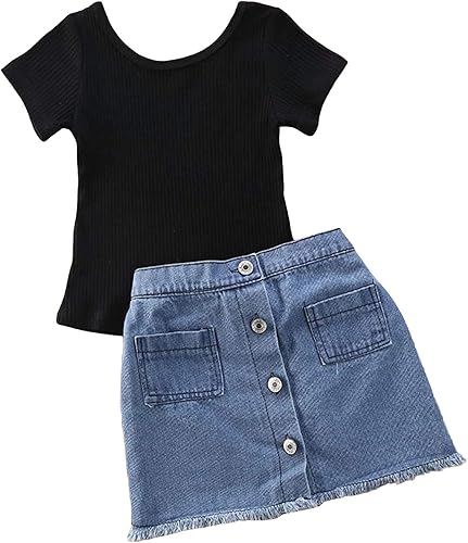 Conjunto de ropa de verano con volantes y hombros descubiertos y pantalones cortos de mezclilla para niñas pequeñas