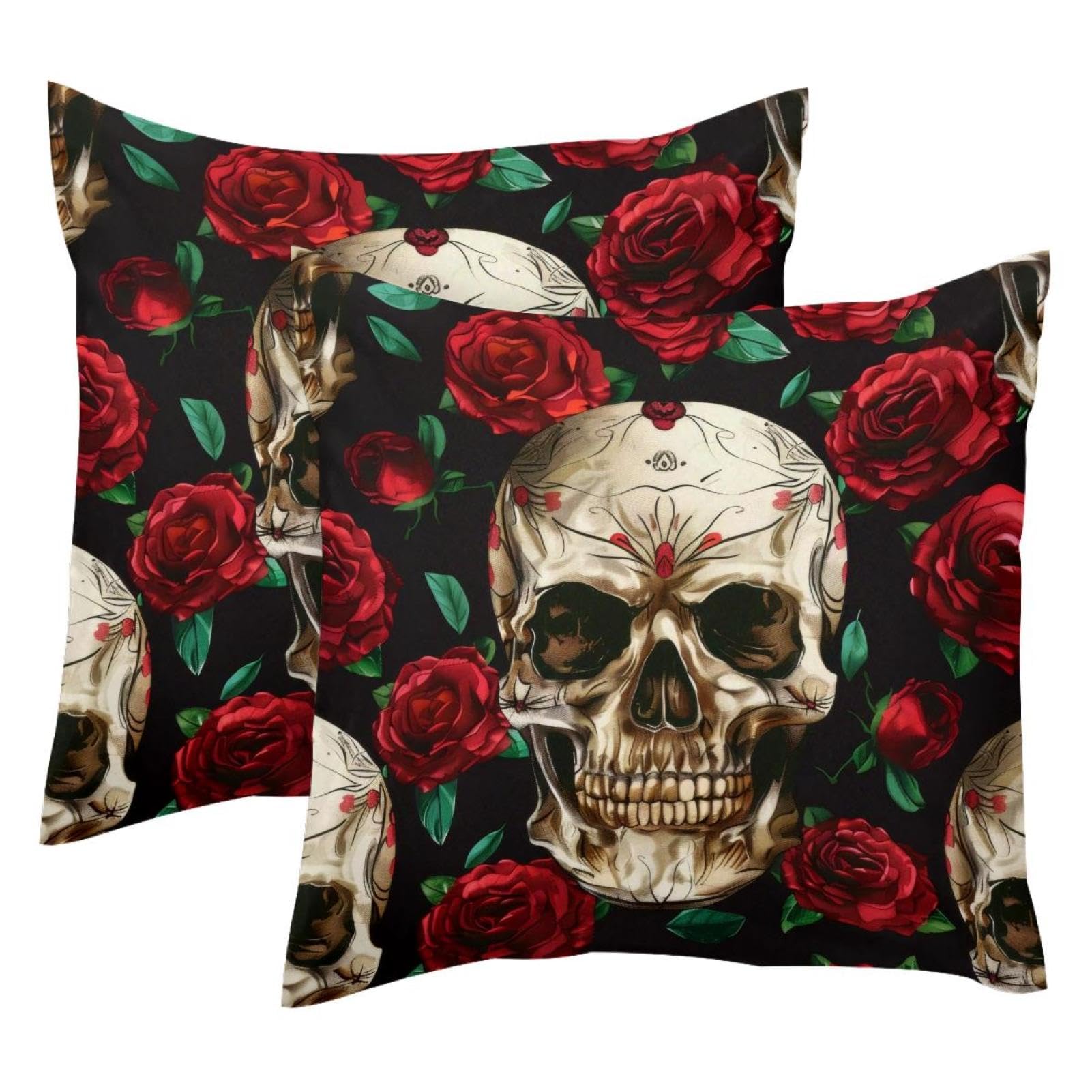 Housse de coussin crâne velours 50x50 cm motif fleur rose rouge lit canapé