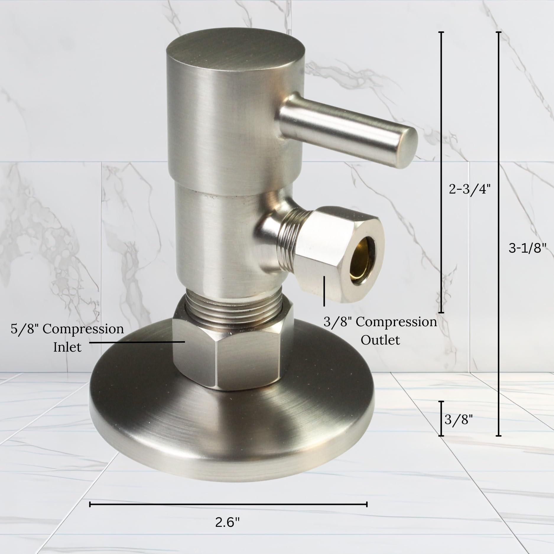 Westbrass A105QR-07 - Palanca redonda de 1/4 de giro, tope de ángulo de 1/2 pulgada, cobre x compresión de 3/8 pulgadas, 1 paquete, níquel satinado