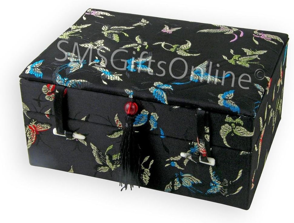 Black Oriental Style Silk Brocade Butterfly Jewellery Box