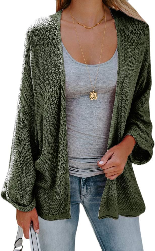 Sherrylily Womens Kimono Cardigan Open Front Loose Lightweight Cape Long Sleeve Sweaters Cloak Army Green
