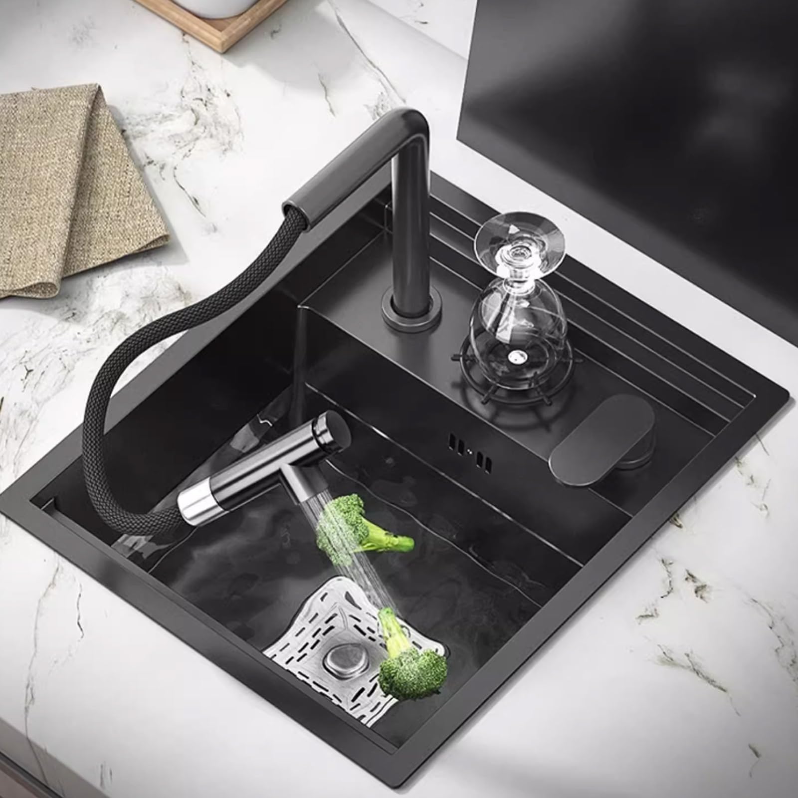 Fregadero De Cocina Con Grifo Extraíble 45×38 Cm De Acero Inoxidable 304 Con Lavavasos Y Kit De Instalación Completo Montaje Bajo Encimera/sobre Encimera Para Apartamentos Autocaravanas Bares