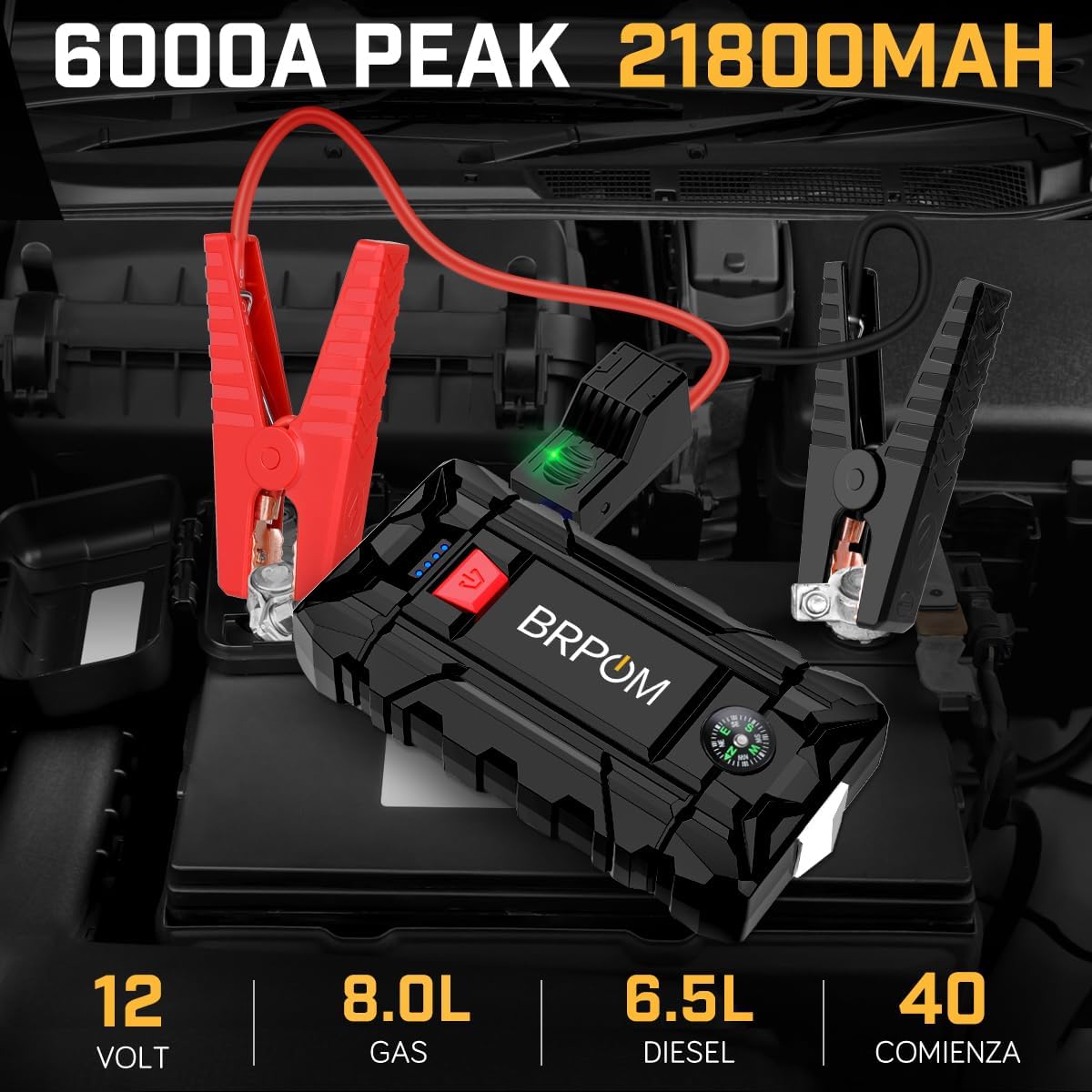 BRPOM BM200 Jump Starter connected to a car battery with smart clamps