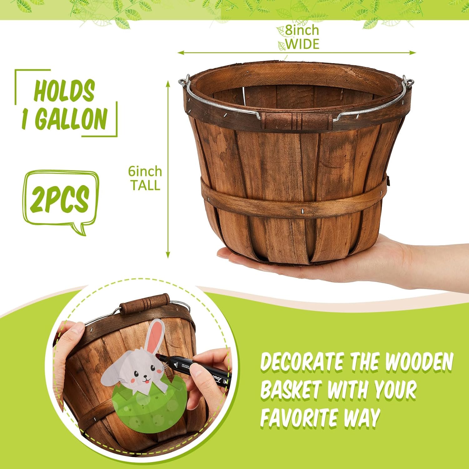 Tatuo 2 Pcs Round Wooden Apple Baskets Wood Fruit Buckets with Handle Fall Harvest Basket Portable Bushel for Market Vegetables Garden Home Party Supplies Easter Gifts (Dark Brown)