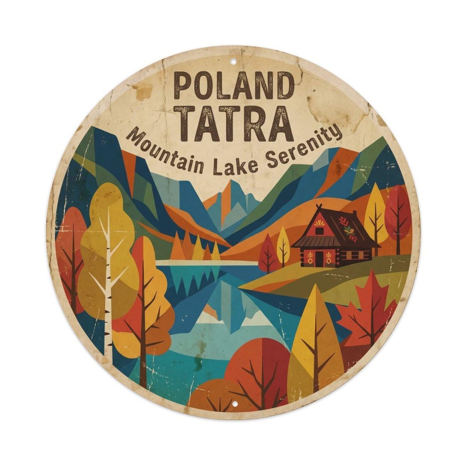 Vintage Travel Poland Tatra Forest Lake Metal Tin Sign Plaque Wall Decor for Cafe, Club Bar, Office, Home Garden Round Metal Poster 8x8Inch