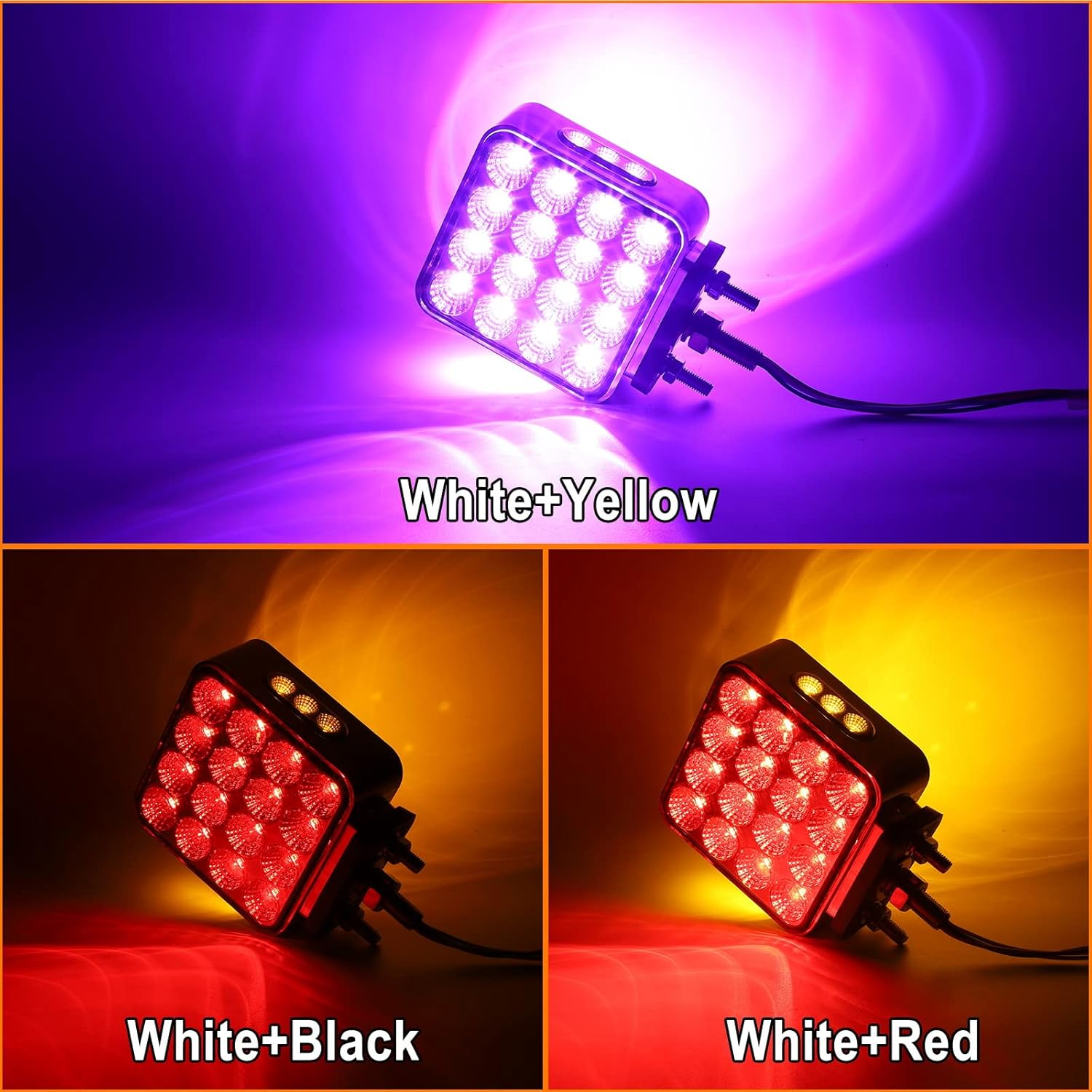 Partsam 2x Dual Revolution Amber/Red/Purple Square Double Face 38 Diode Marker/Turn Signal and Auxiliary Led Pedestal Light with Chrome Housing Sealed Replacement for Kenworth/Peterbilt/Freightliner