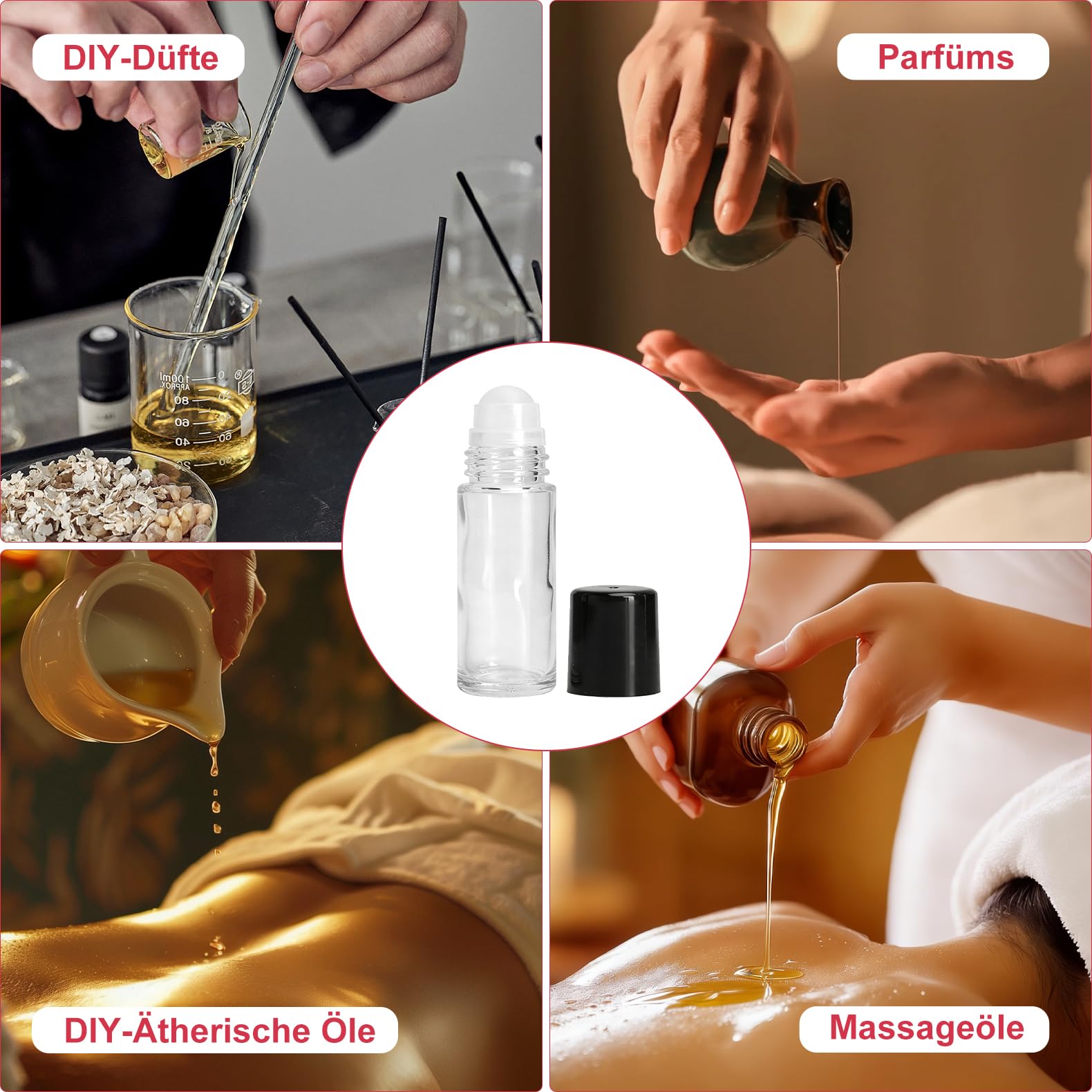4 Pezzi 30ml Flaconi Roll on Vuoti in Vetro – Flaconi Roll on per Oli Essenziali con Sfera, Ricaricabili, con Contagocce, Imbuto e Adesivi per Aromaterapia e Profumi