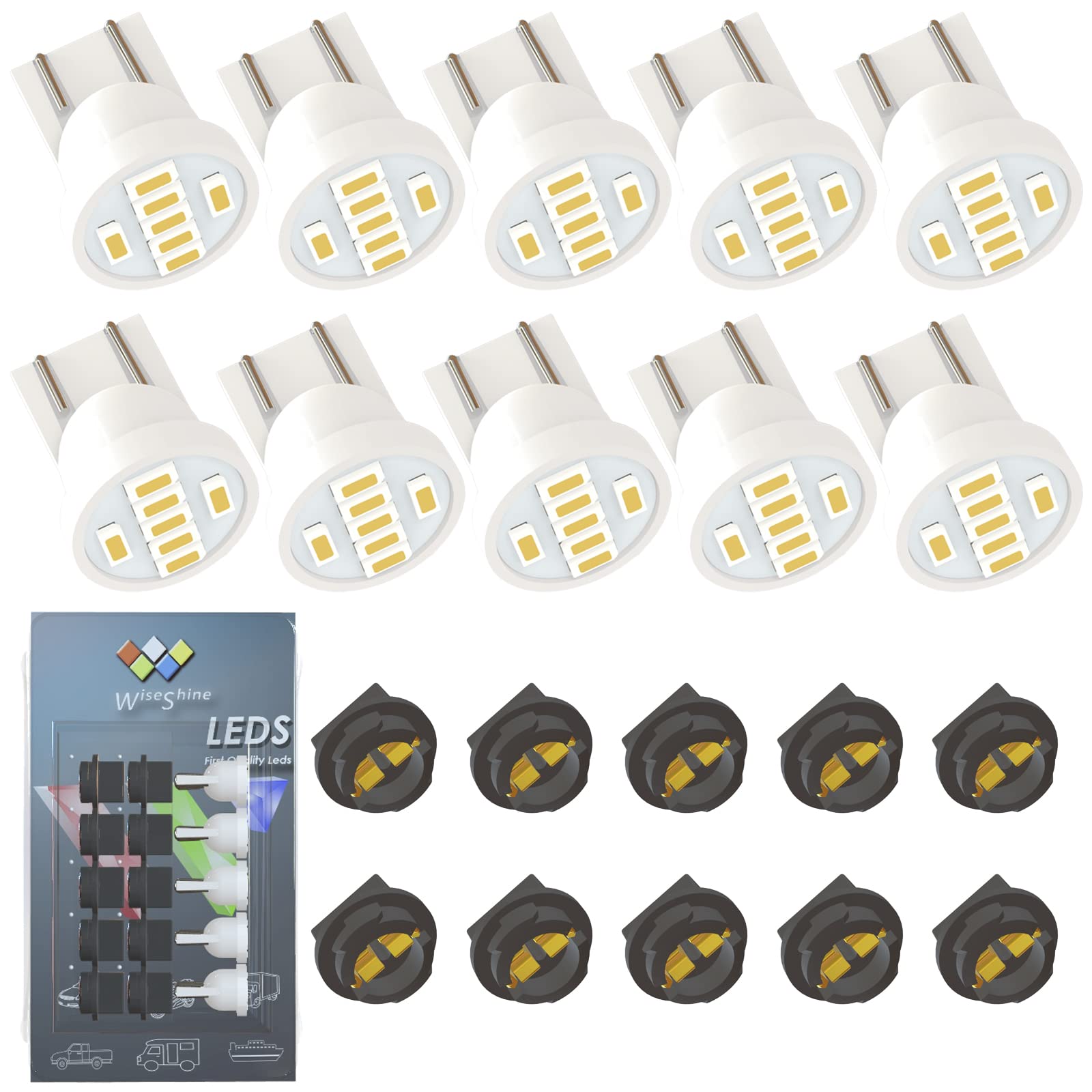 Wiseshine 194 LED Bulb T10 168 W5W 2825 158 LED Light Bulb Auto Automotive Dashboard Instrument Glove Box Dome Map Door Reading Trunk License Plate Lights 3014smd Warm White DC 12V (Pack 10)