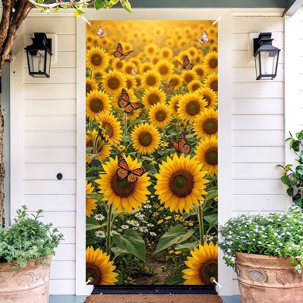 Sunflower Butterfly Door Cover Decorative Front Door Banner