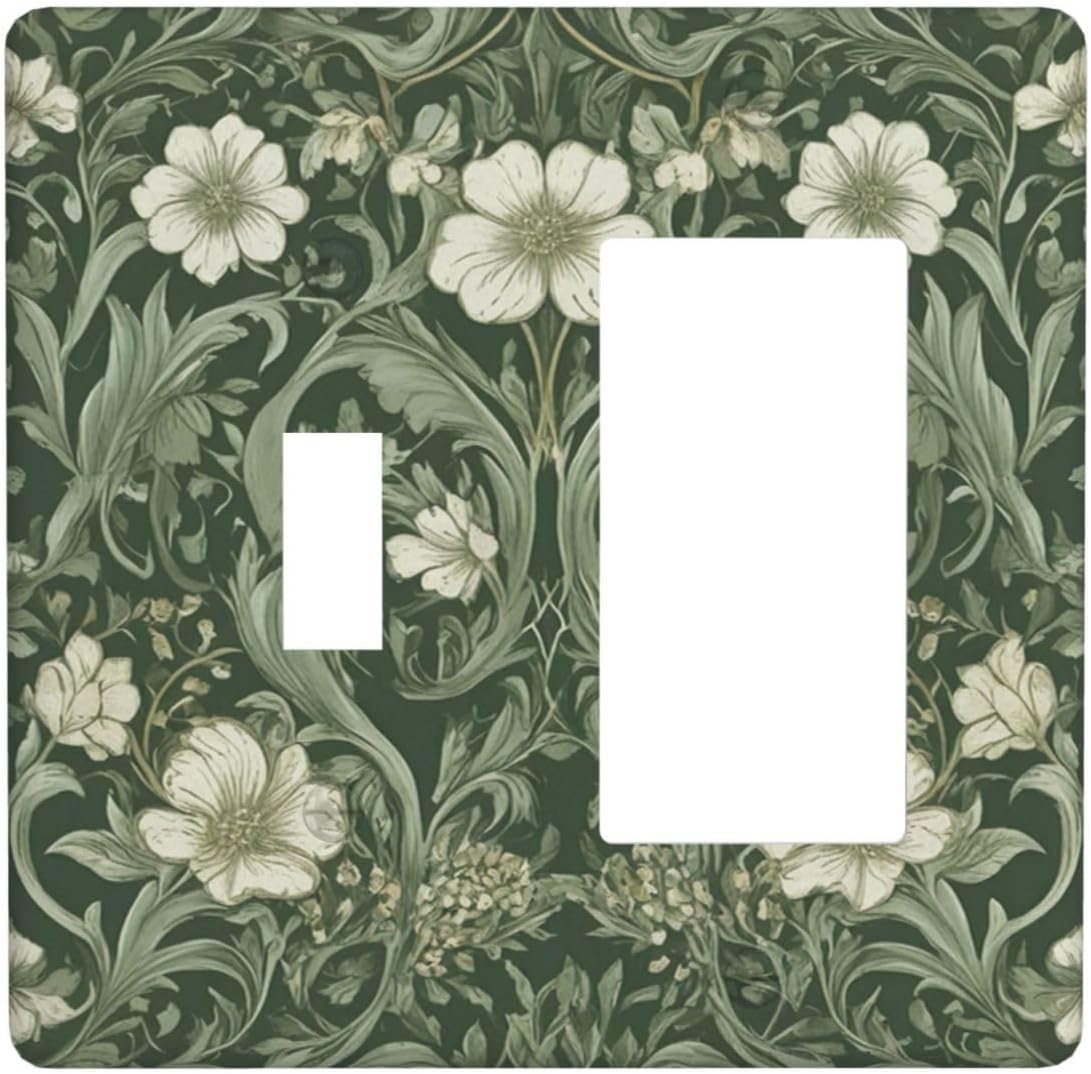 Outlet Covers William Morris Floral Green White Leaves Flowers 2 Gang Combo Light Switch Cover Plate Toggle Rocker Switch Plate Covers Decorative Switch Plates and Outlet Covers for Bedroom Decor