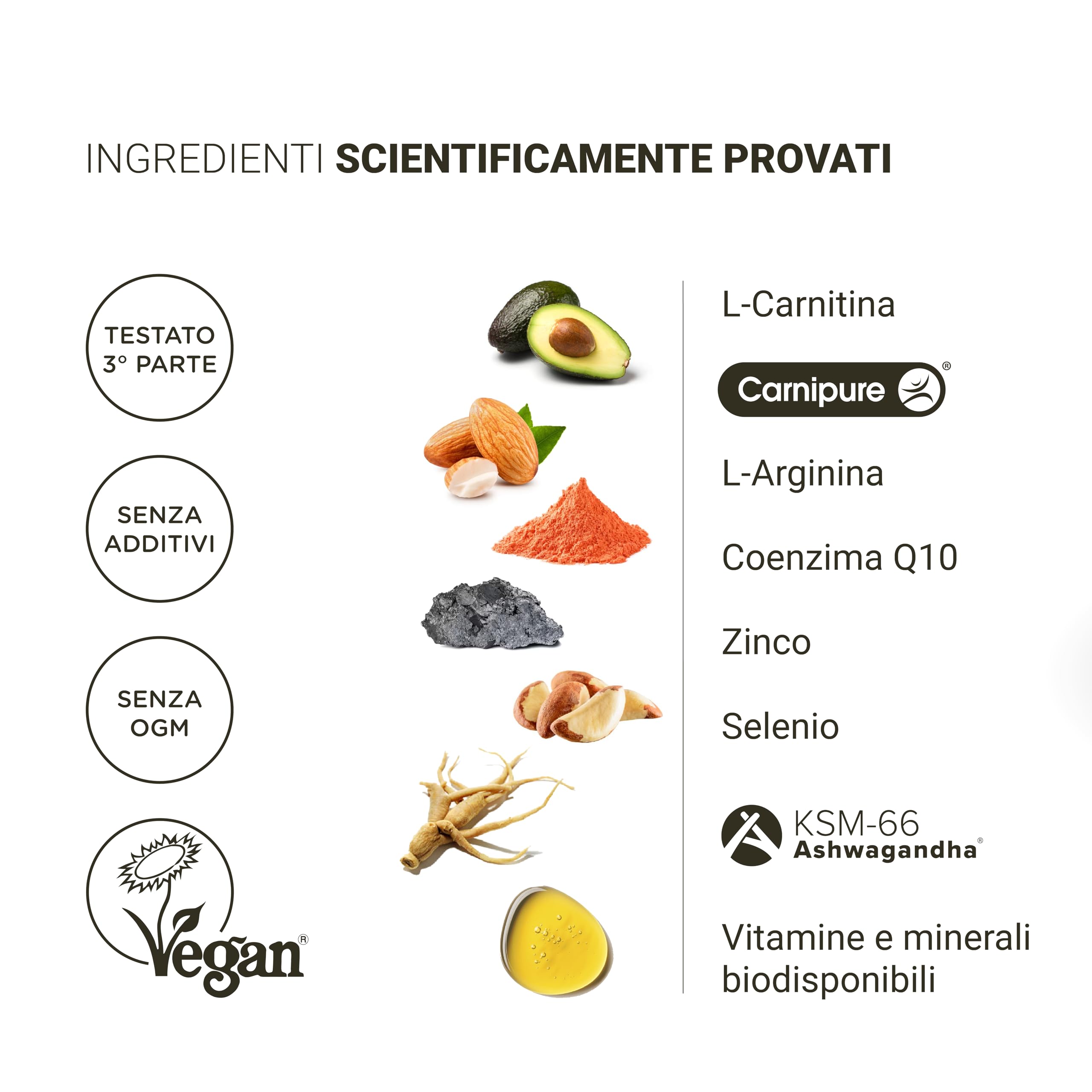 Nullure Integratore Fertilità Uomo | L-Carnitina + CoQ10 + Arginina + Zinco | Numero e motilità degli spermatozoi | Testato da terzi | Vegano e Senza Additivi | 120 caps (2 mese)