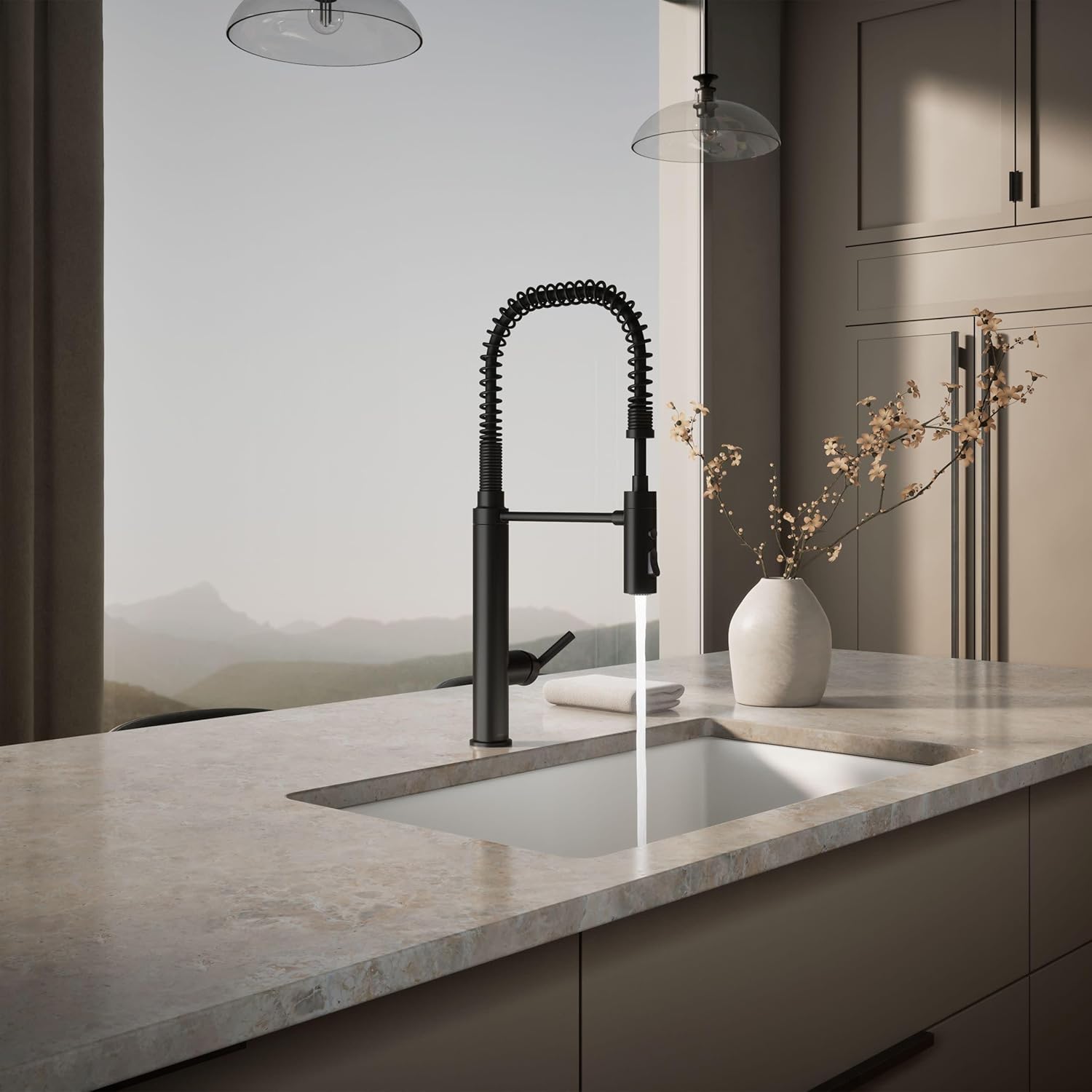 KOHLER 24982-BL Purist Commercial Style Pre-Rinse Kitchen Faucet with 3-Function Sprayhead, Kitchen Sink Faucet with Pull Down Sprayer, Matte Black
